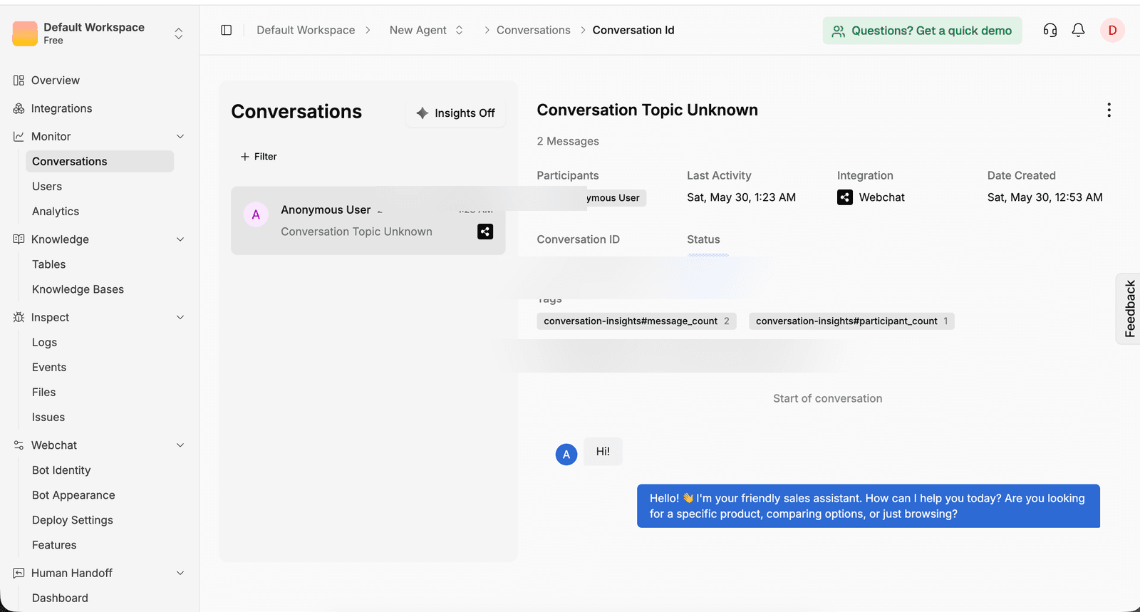 Botpress Conversation detail — Conversation Topic Unknown header, 2 Messages, Participants Anonymous User, Last Activity Sat May 30 1:23 AM, Integration Webchat, Date Created Sat May 30 12:53 AM, Conversation ID (blurred), Status Active, Tags including conversation-insights#message_count 2, conversation-insights#participant_count 1, webchat:owner user_ID (blurred). Conversation thread shows operator Hi! then assistant Hello! 👋 I'm your friendly sales assistant...