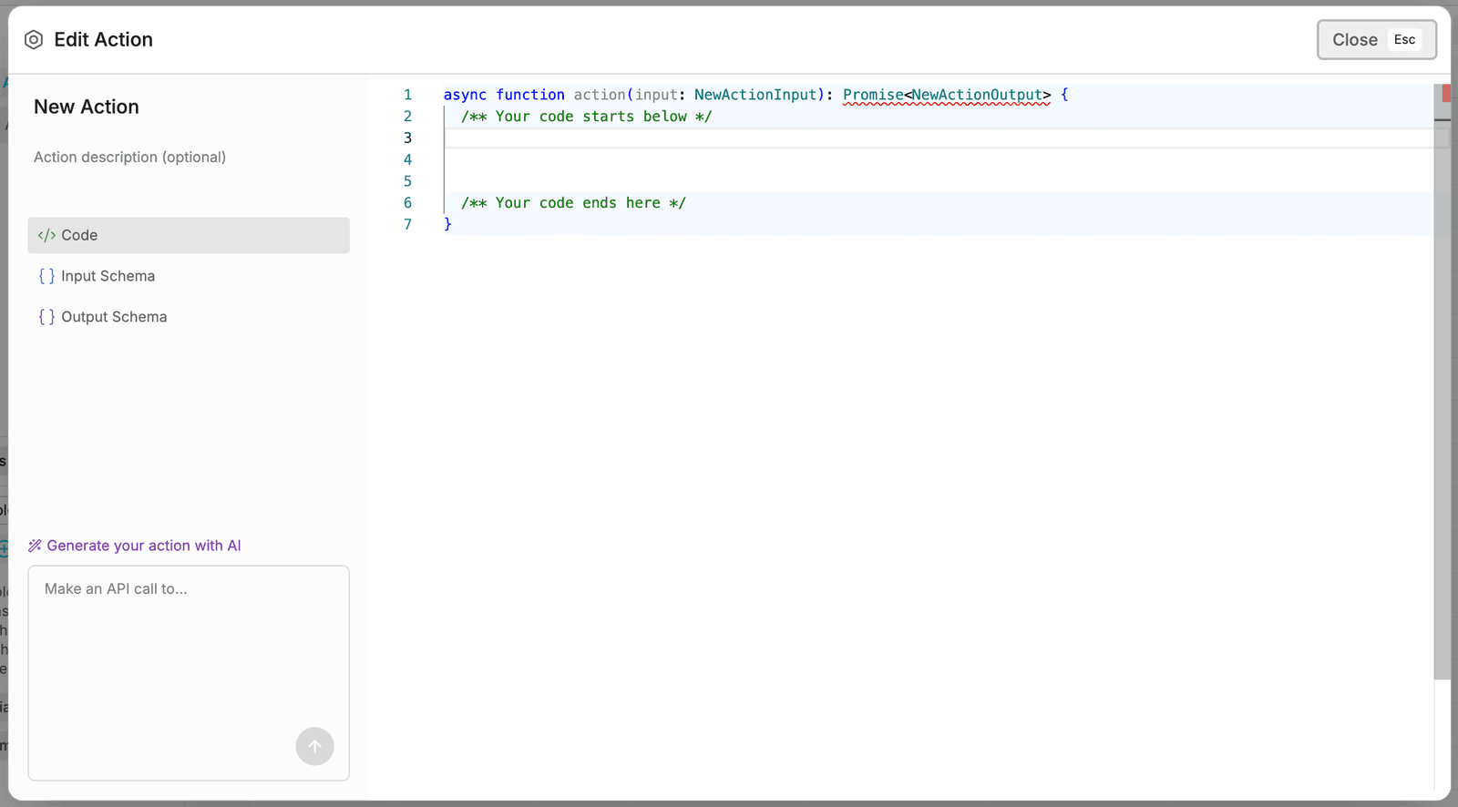 Botpress Edit Action modal — New Action sidebar (Code / Input Schema / Output Schema tabs) + Action description (optional) + code editor with `async function action(input: NewActionInput): Promise<NewActionOutput>` scaffold + Generate your action with AI prompt input (Make an API call to...).