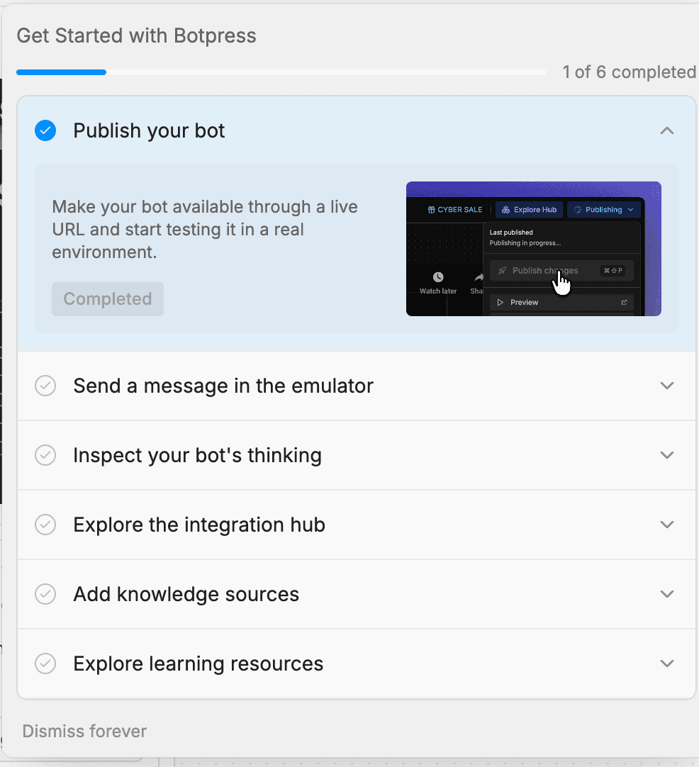 Botpress Get Started modal — 1 of 6 completed. Checklist: Publish your bot (completed, with mini-screenshot preview), Send a message in the emulator, Inspect your bot's thinking, Explore the integration hub, Add knowledge sources, Explore learning resources. Dismiss forever link bottom-left.