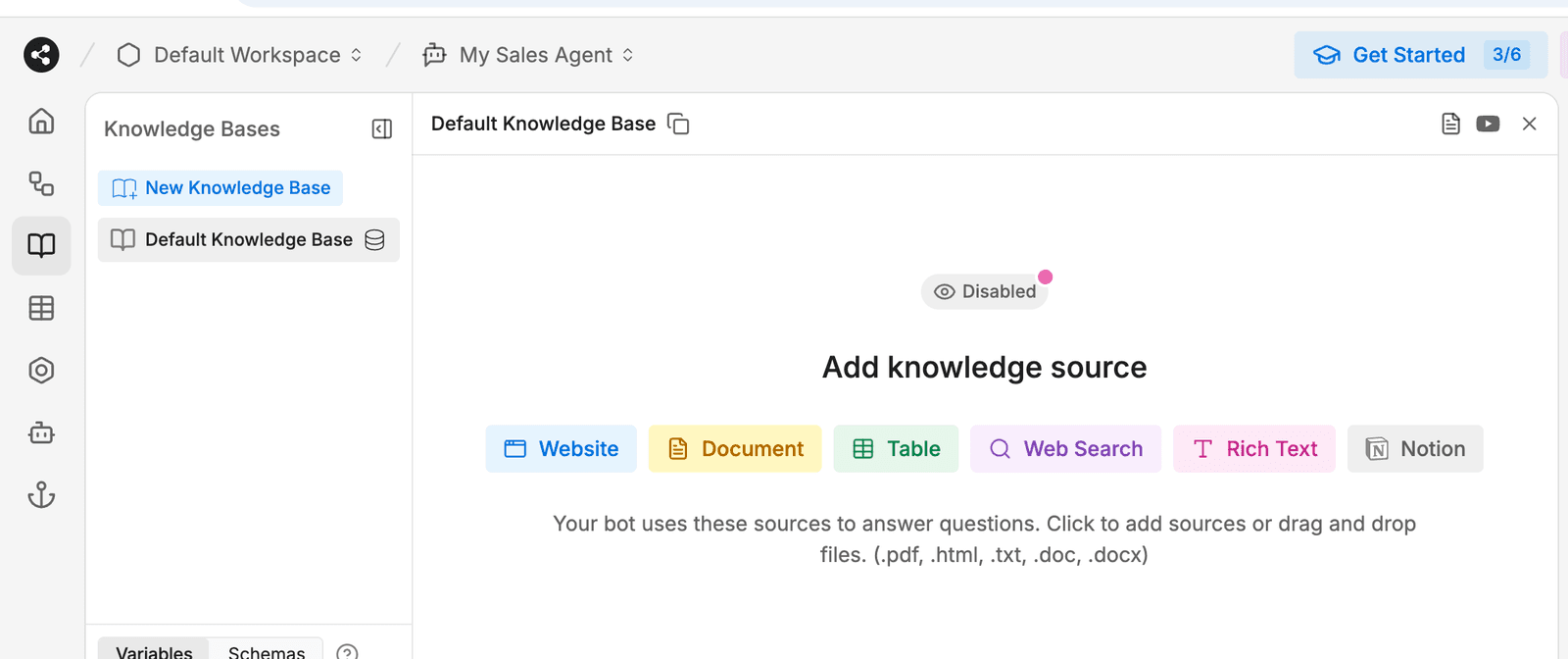 Botpress Knowledge Bases panel — Default Knowledge Base selected (Disabled status), Add knowledge source row with 6 source type options (Website / Document / Table / Web Search / Rich Text / Notion), instructional text Your bot uses these sources to answer questions. Click to add sources or drag and drop files. (.pdf, .html, .txt, .doc, .docx). New Knowledge Base + button top-left.