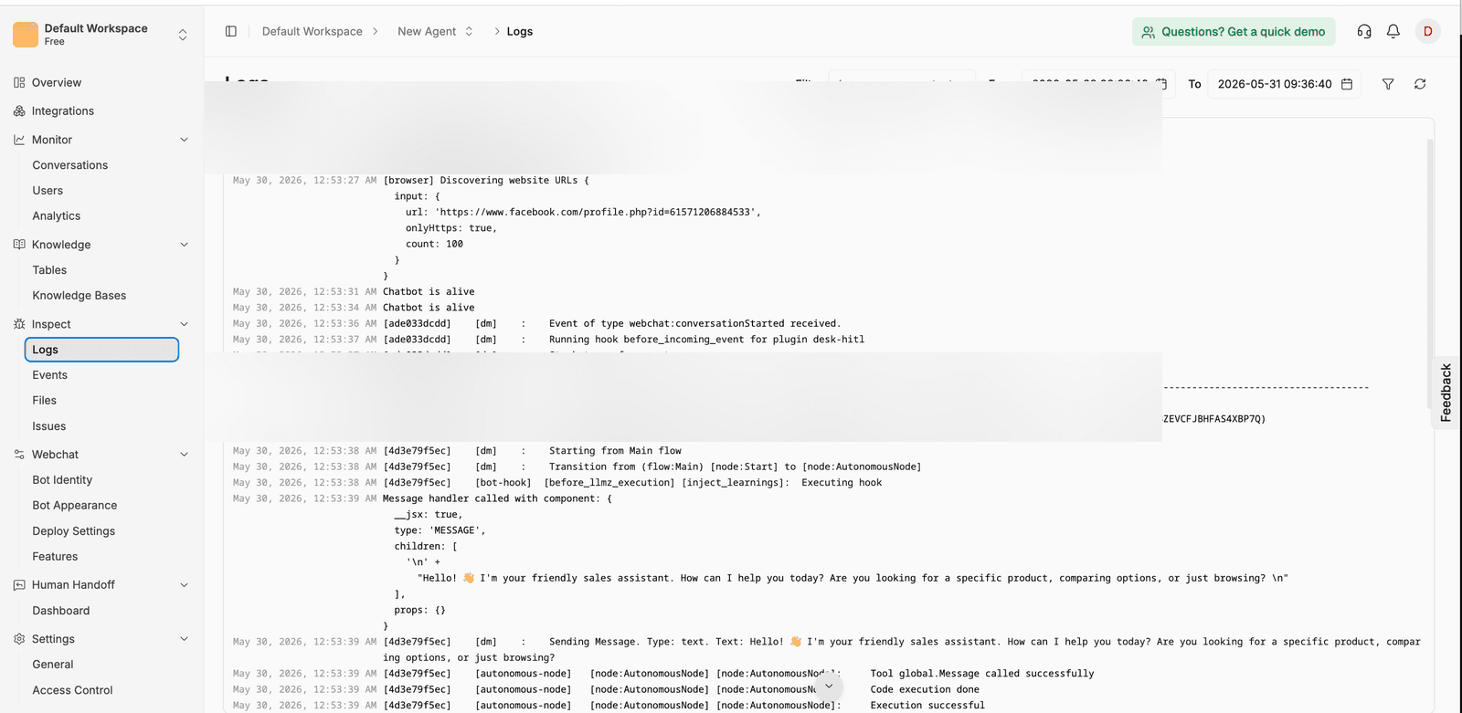 Botpress Logs viewer — densely-packed log table showing structured log entries with timestamps (May 30, 2026), source tags ([nlu] / [autonomous-node] / [conv_*] / [user_*]), event types (Chatbot is alive / Browsing X site from URLs / Event of type webchat:conversationStarted received / Running hook before_incoming_message for plugin desk-hitl / Stack trace for event / Message variable will be filled with component), and verbose state objects (NewActionInput, event payloads, message components, function names). Filter input top-right (Log message content). Date range From 2026-05-29 00:36:42 To 2026-05-30 09:36:42. Facebook profile URL in upper log line + dense conversation/user IDs in lower log lines all blurred for privacy.