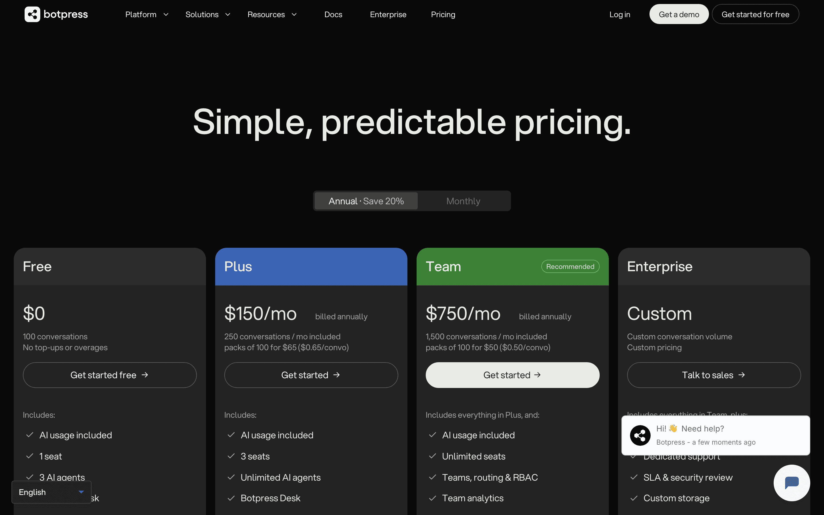 Botpress pricing page showing four-tier pricing structure with annual (Save ~11% on Plus) and monthly billing toggle