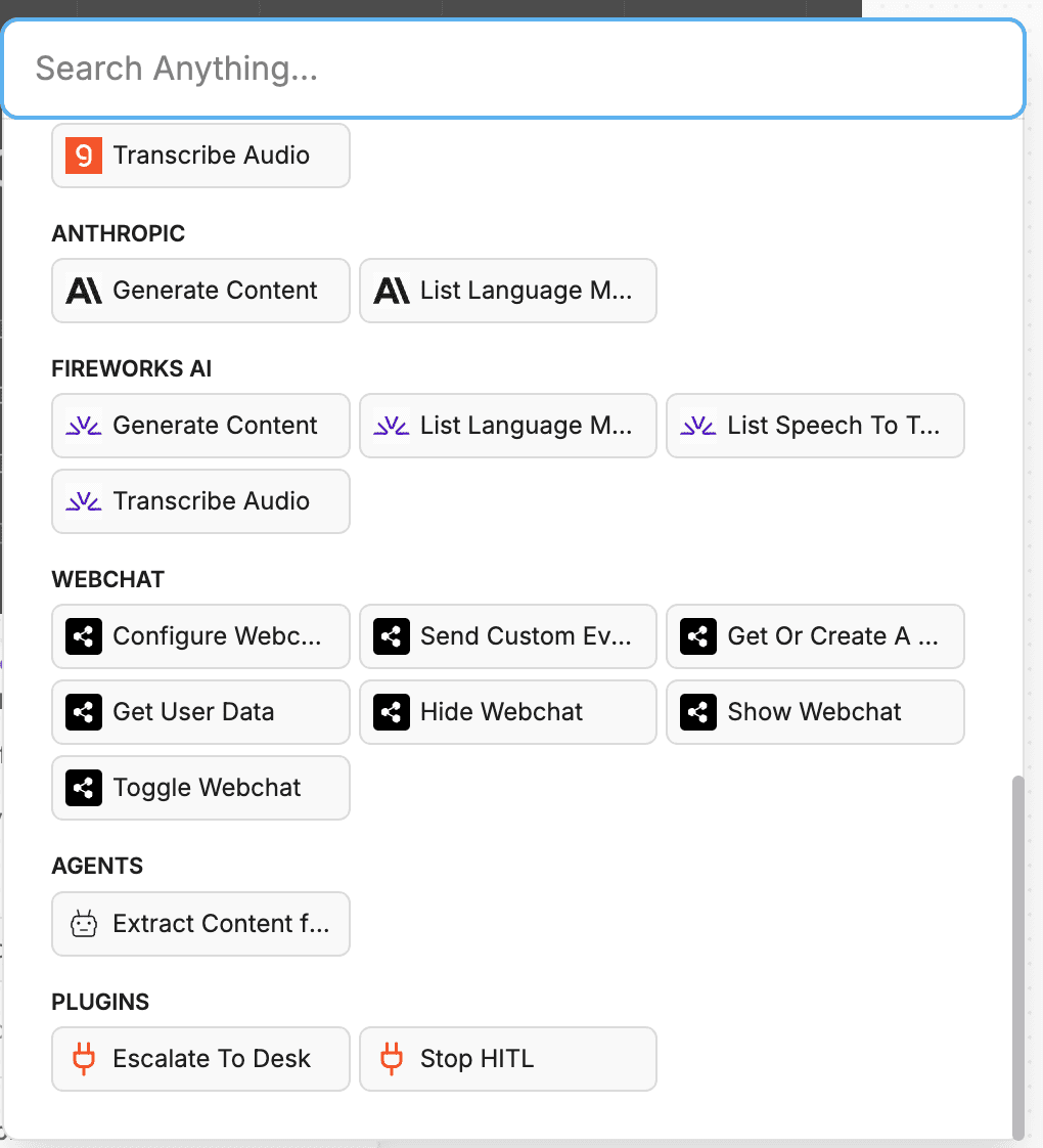 Botpress Add-Tool catalog page 3 — Anthropic (continued) + Fireworks AI (Generate Content / List Language Models / List Speech To Text / Transcribe Audio) + Webchat (Configure Webchat / Send Custom Event / Get Or Create A User / Get User Data / Hide Webchat / Show Webchat / Toggle Webchat) + Agents (Extract Content from URL) + Plugins (Escalate To Desk / Stop HITL).