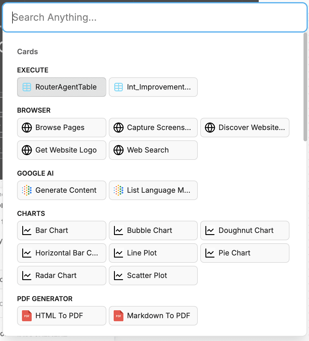 Botpress Add-Tool catalog page 1 — Search Anything input + Cards (Execute: RouterAgentTable + Int_Improvement) + Browser (Browse Pages / Capture Screens / Discover Websites / Get Website Logo / Web Search) + Google AI (Generate Content / List Language Models) + Charts (Bar Chart / Bubble Chart / Doughnut Chart / Horizontal Bar / Line Plot / Pie Chart / Radar Chart / Scatter Plot) + PDF Generator (HTML To PDF / Markdown To PDF).