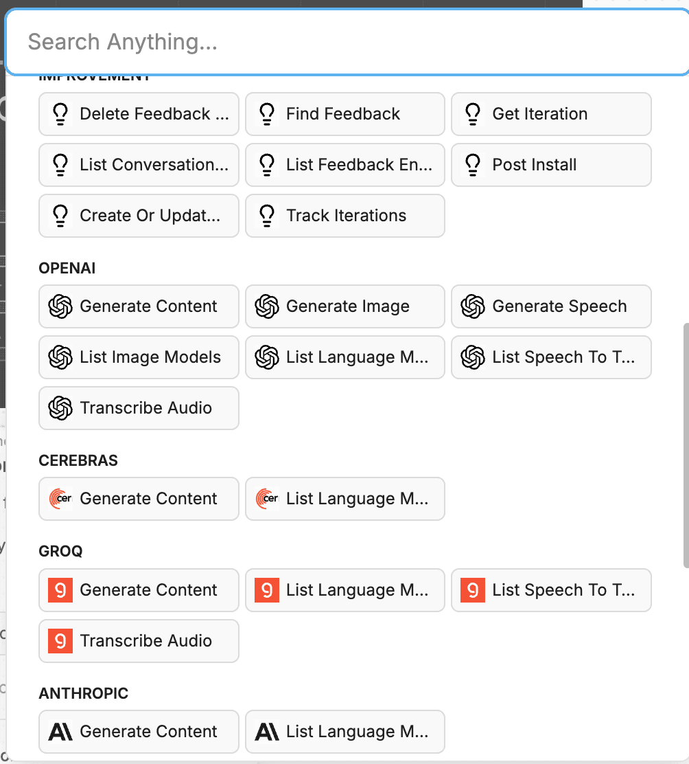 Botpress Add-Tool catalog page 2 — Improvement (Delete Feedback / Find Feedback / Get Iteration / List Conversation / List Feedback Entries / Post Install / Create Or Update / Track Iterations) + OpenAI (Generate Content / Generate Image / Generate Speech / List Image Models / List Language Models / Transcribe Audio) + Cerebras (Generate Content / List Language Models) + Groq (Generate Content / List Language Models / List Speech To Text / Transcribe Audio) + Anthropic (Generate Content / List Language Models).