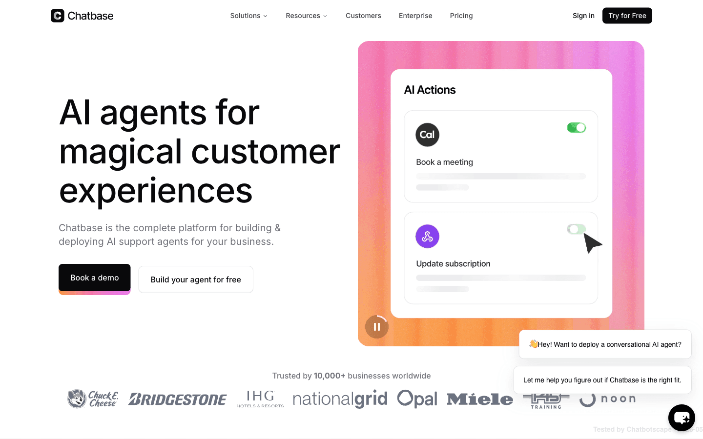 Chatbase homepage showing The Leading AI Customer Service Platform positioning with enterprise customer logos including Chuck E Cheese Bridgestone IHG and Miele