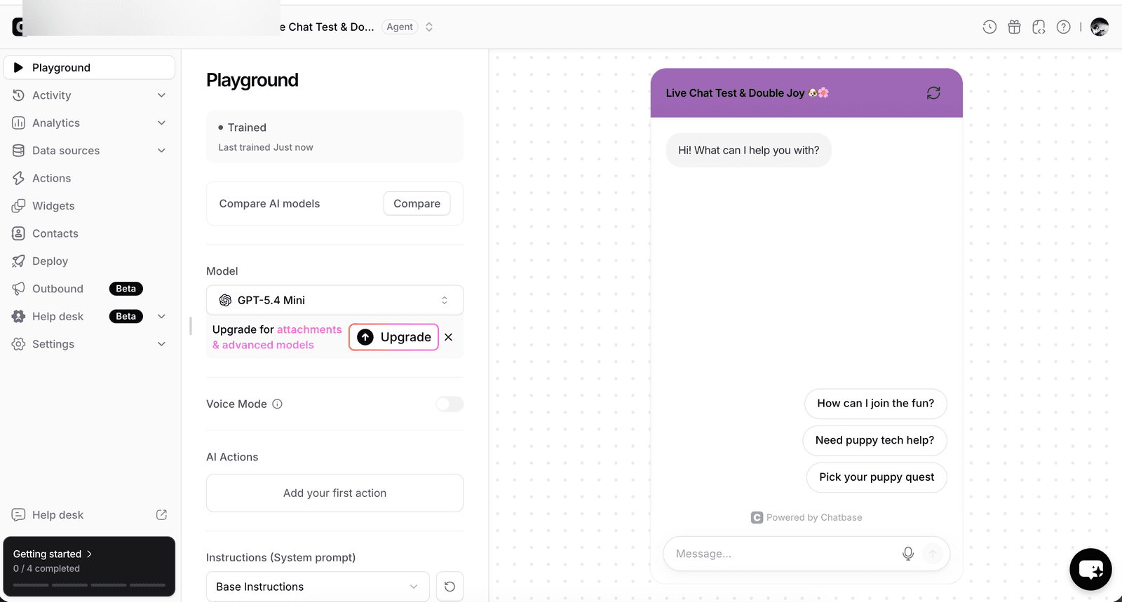 Chatbase Playground page on Free workspace — left rail with Playground / Activity / Analytics / Data sources / Actions / Widgets / Contacts / Deploy / Outbound (Beta) / Help desk (Beta) / Settings, center pane with Trained status / Compare AI models / Model picker (GPT-5.4 Mini) / Upgrade for attachments and advanced models / Voice Mode toggle / AI Actions Add your first action / Instructions System prompt Base Instructions, right pane with live Live Chat Test agent showing greetings and Quick Reply chips How can I join the fun, Need puppy tech help, Pick your puppy quest, Help desk link bottom-left, Getting started 0/4 completed bottom-left