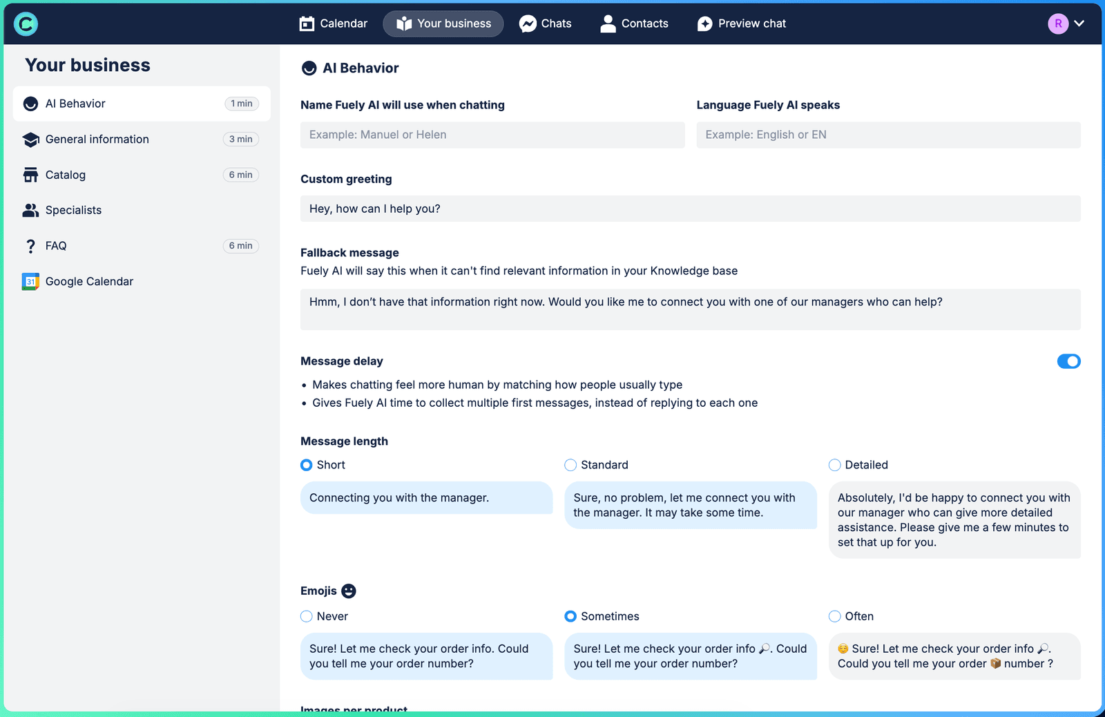 Chatfuel AI Behavior config — Name Fuely AI will use when chatting, Language Fuely AI speaks, Custom greeting (Hey, how can I help you?), Fallback message, Message delay toggle, Message length picker (Short / Standard / Detailed) with sample variants, Emojis frequency picker (Never / Sometimes / Often) with sample variants.