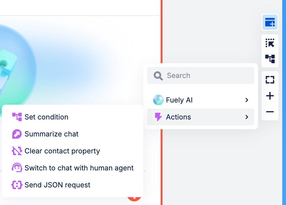 Chatfuel Constructor block-add menu — search input + two collapsible groups: Fuely AI (with submenu arrow) and Actions (expanded showing Set condition / Summarize chat / Clear contact property / Switch to chat with human agent / Send JSON request). Sidebar tool palette on the right with arrange / expand / zoom controls.