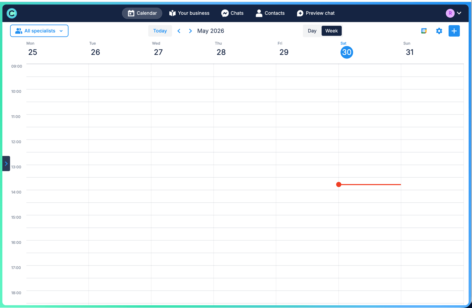 Chatfuel Calendar — empty week view (May 25-31 2026) with hour grid 09:00 → 18:00, All specialists filter, Today/prev/next navigation, Day/Week toggle, settings + add buttons top-right. One small marker visible Saturday 14:00.