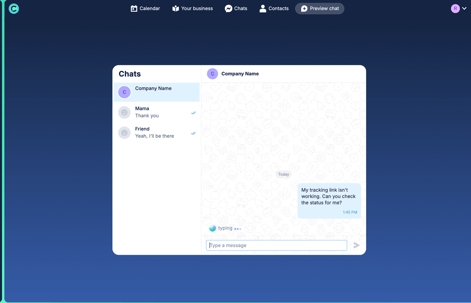 Chatfuel Preview chat — sandbox chat surface with Company Name avatar, two mock conversations (Mama: Thank you / Friend: Yeah I'll be there), main thread showing customer test message My tracking link isn't working. Can you check the status for me? followed by typing indicator.