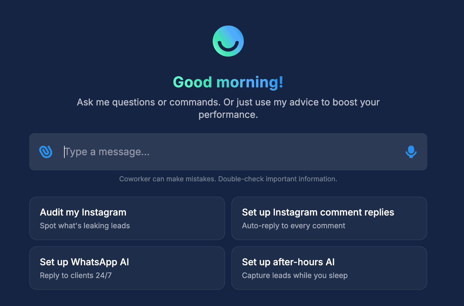 Chatfuel first-run modal — Coworker welcome screen with greeting Good morning! Ask me questions or commands. Or just use my advice to boost your performance. Four quick-action tiles: Audit my Instagram / Set up Instagram comment replies / Set up WhatsApp AI / Set up after-hours AI.