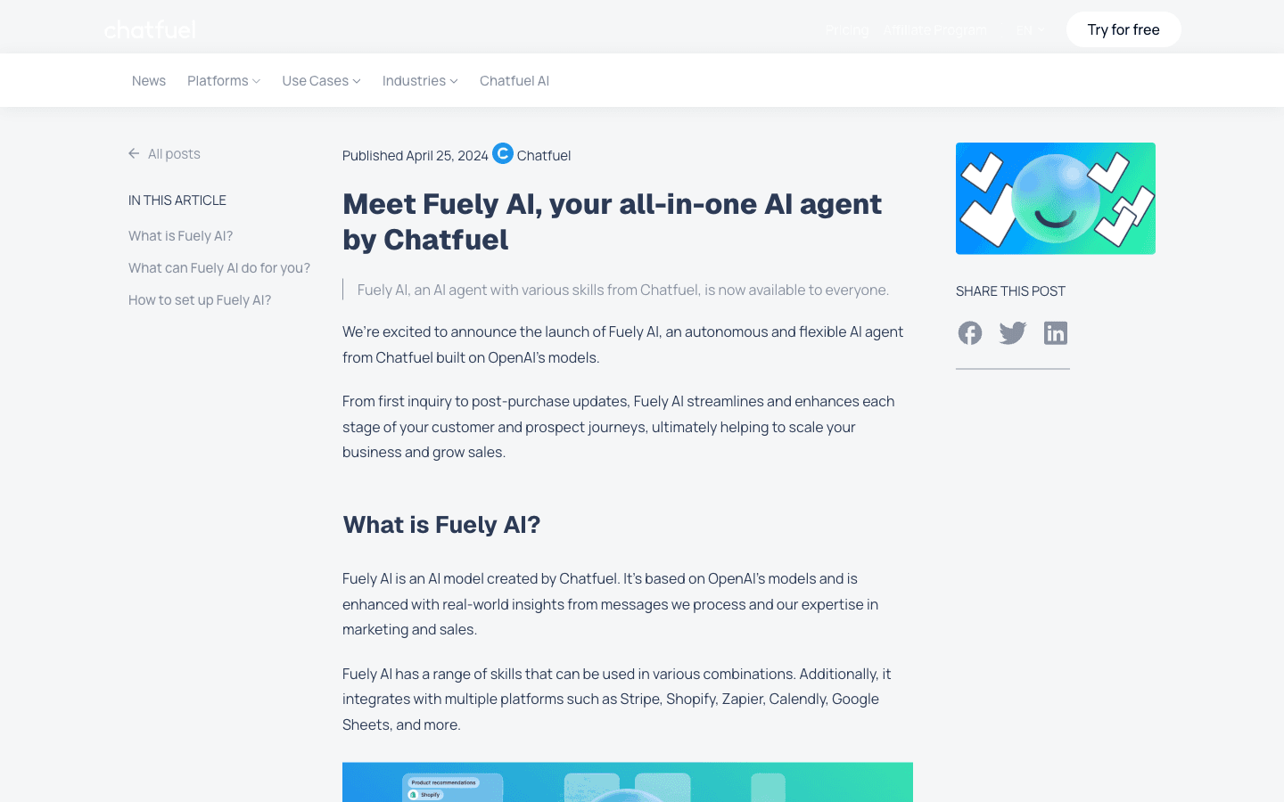Chatfuel Fuely AI announcement page describing autonomous AI agent for client handling, bookings, ads, and strategy