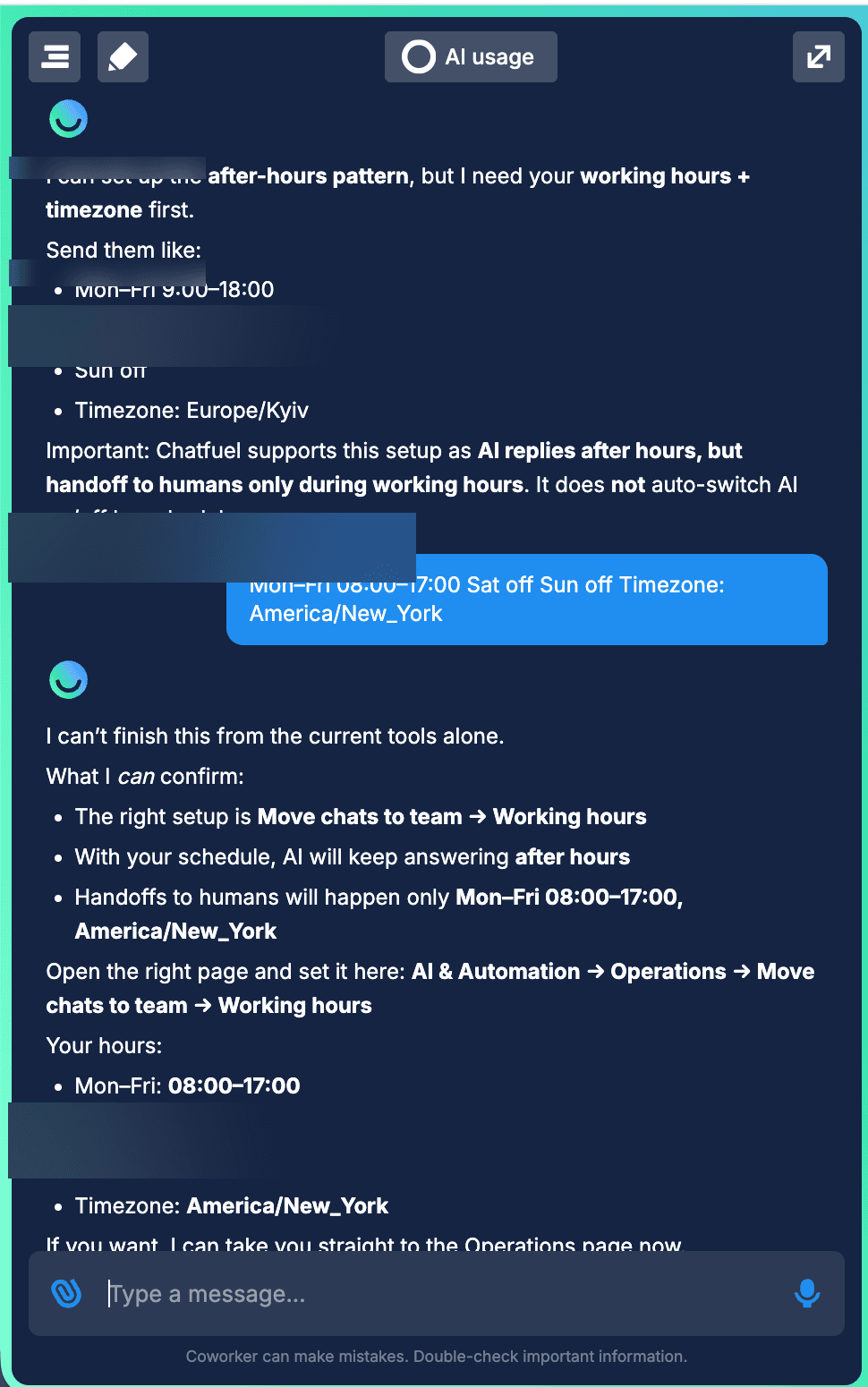 Chatfuel Coworker chat window — operator-side conversation with the Coworker AI about setting up working-hours + timezone rules for after-hours messaging. The AI explains the after-hours pattern, surfaces a structured config block, then admits I can't finish this from the current tools alone and asks the operator to make the config in the AI & Automation > Operations panel. Includes mention of timezone setting.