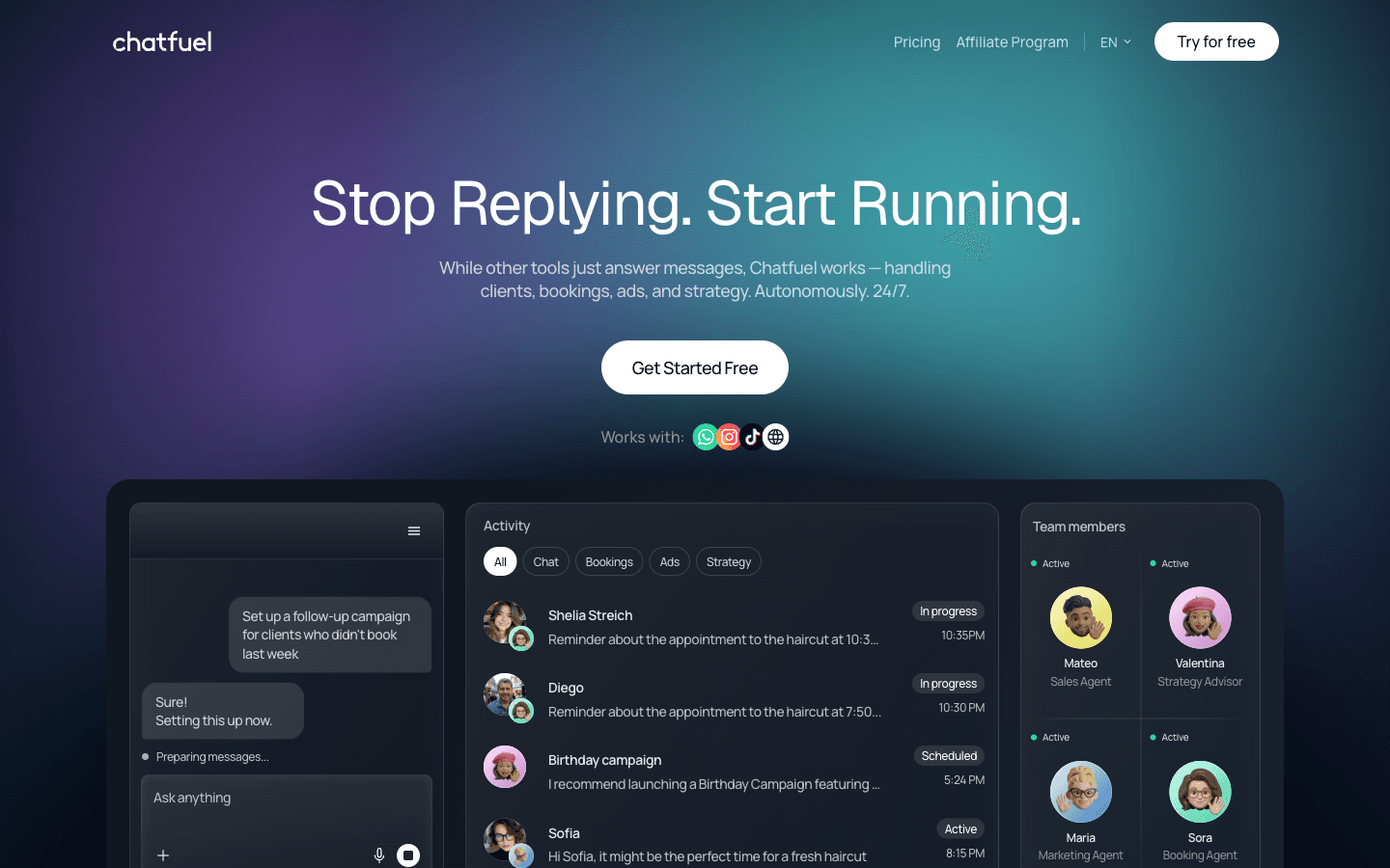Chatfuel homepage showing Official Meta Partner badge, WhatsApp Business Solution Provider badge, and AI Business Assistant positioning