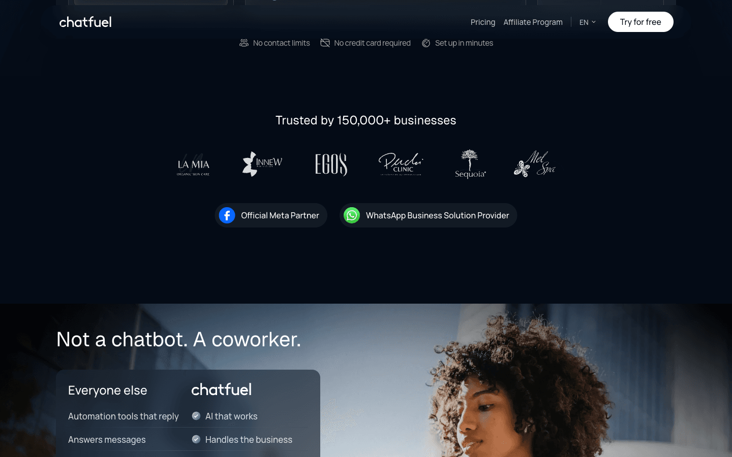 Chatfuel five-channel coverage shown across Instagram, WhatsApp, Facebook Messenger, TikTok, and website widget