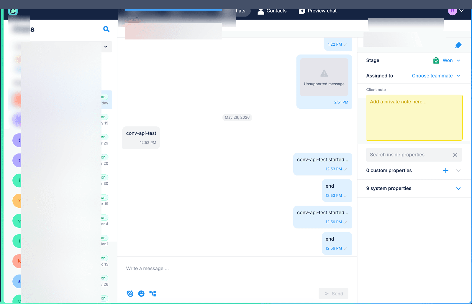 Chatfuel Chats inbox — three-pane layout. Left: subscriber list with status filters (Unread / Captured / Sorting / Qualified / Selling / Won / Lost) and 17 chats blurred for privacy. Center: conversation thread with one subscriber (username blurred) showing test API messages back and forth. Right: subscriber properties panel — Stage Won, Assigned to Choose teammate, Client note input, Search inside properties with 0 custom + 9 system properties expandable.