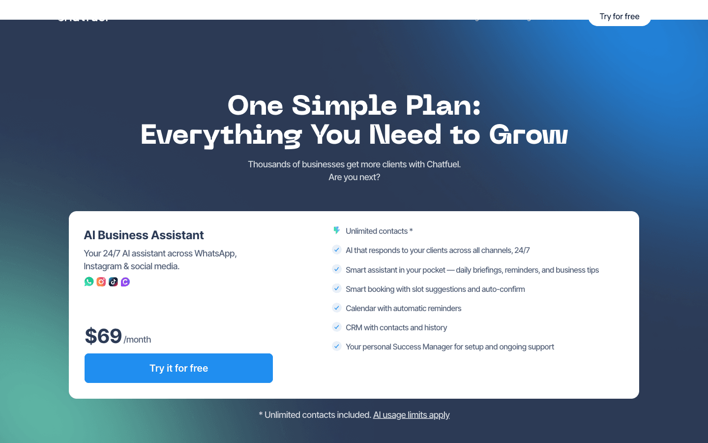 Chatfuel pricing page showing single AI Business Assistant plan at $69 per month with unlimited contacts and 7-day free trial