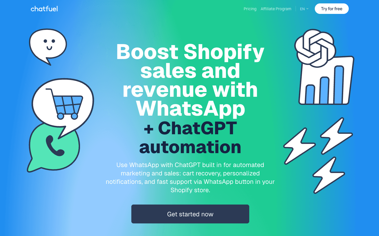 Chatfuel Shopify integration page showing WhatsApp commerce automation features and native app-store install