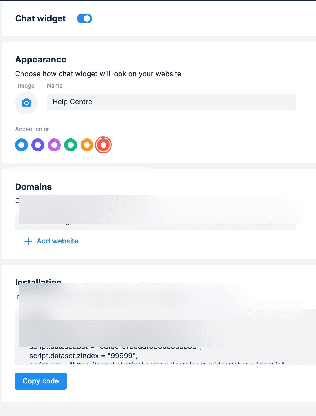Chatfuel Chat widget settings — Appearance section with Image upload + Name (Help Centre) + Accent color picker (6 colors). Domains section with one configured domain (blurred for privacy) + Add website button. Installation section with copy-paste script tag including createElement function, dataset.bot identifier (blurred), dataset.zindex 99999.