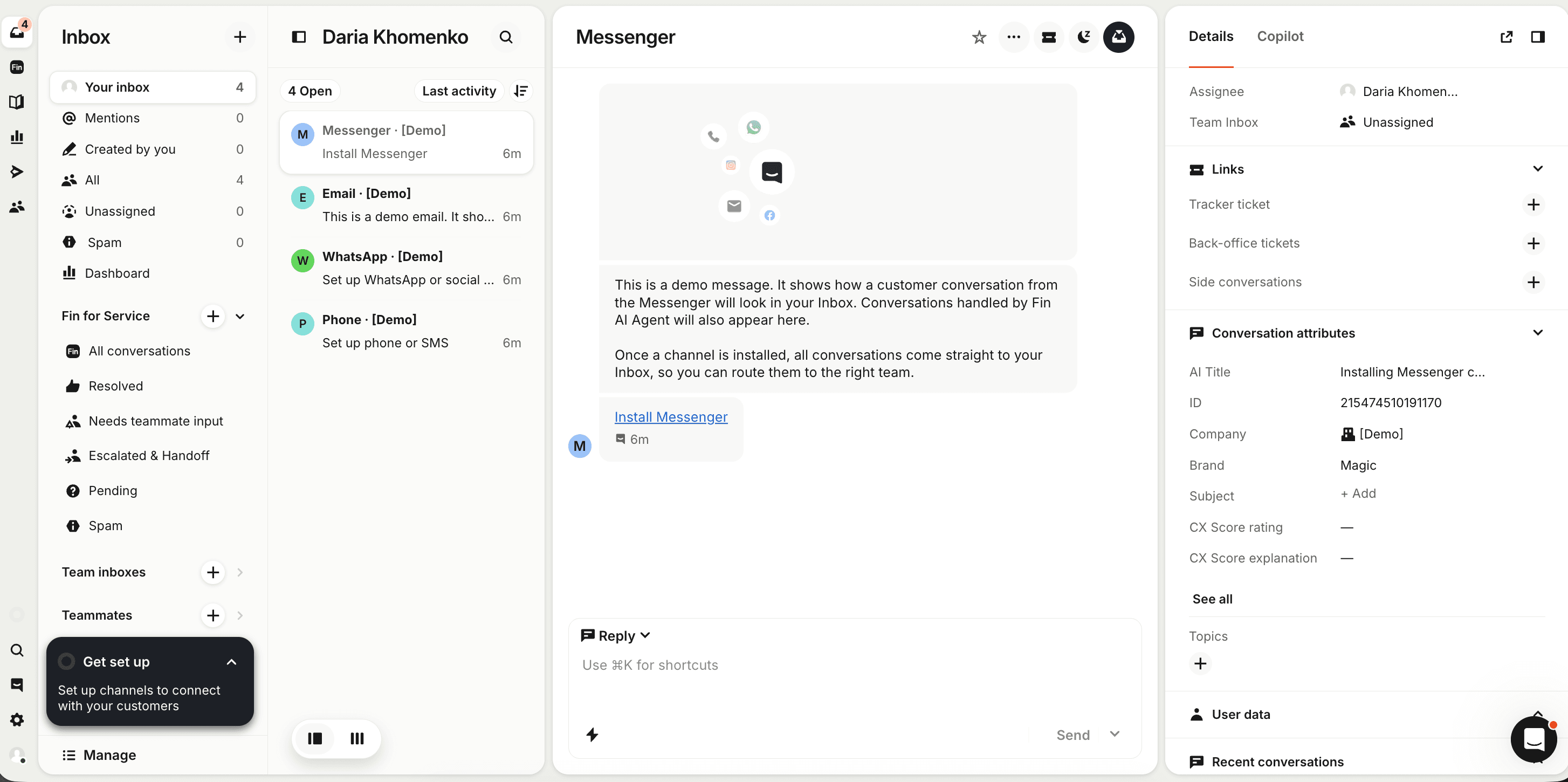 Intercom admin Conversations inbox showing assigned conversations and routing rules