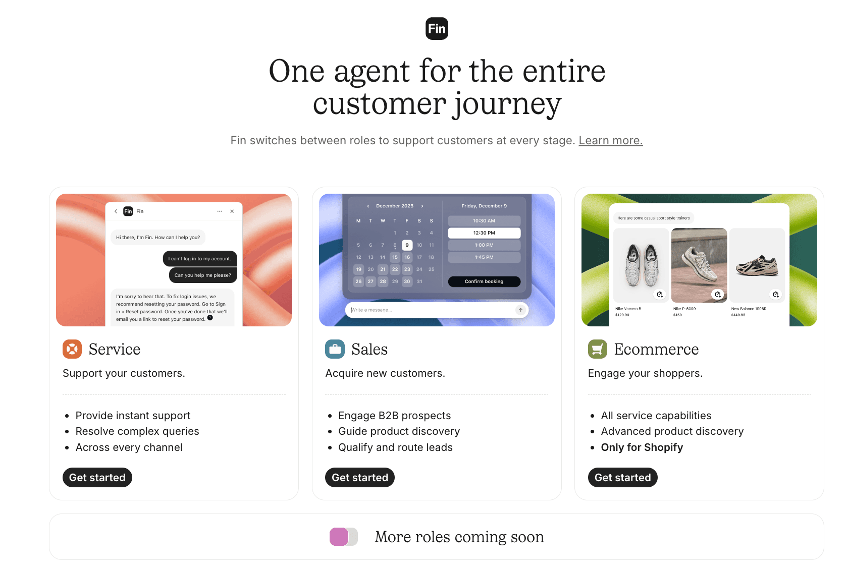Intercom Agents and roles panel showing RBAC permission matrix