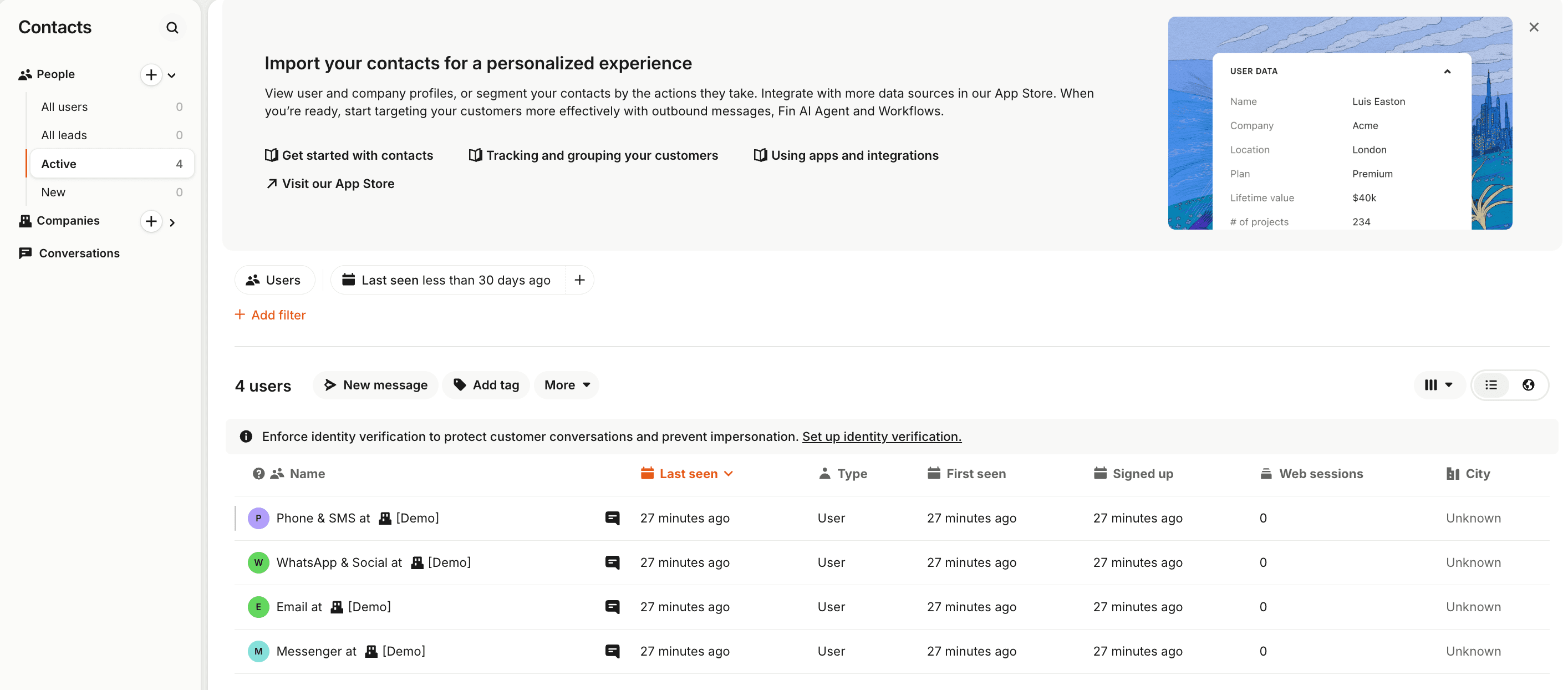 Intercom Contacts management showing customer records with attributes and segment membership