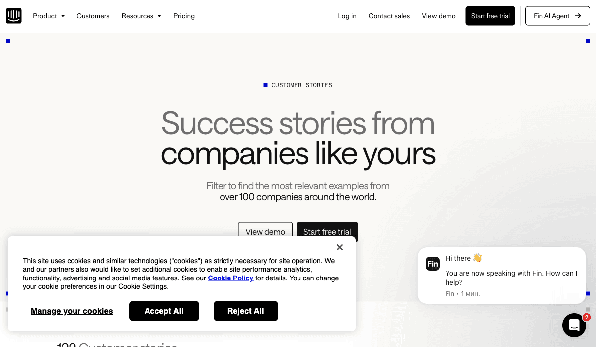 Intercom customers showcase page — enterprise logos and named buyer outcomes