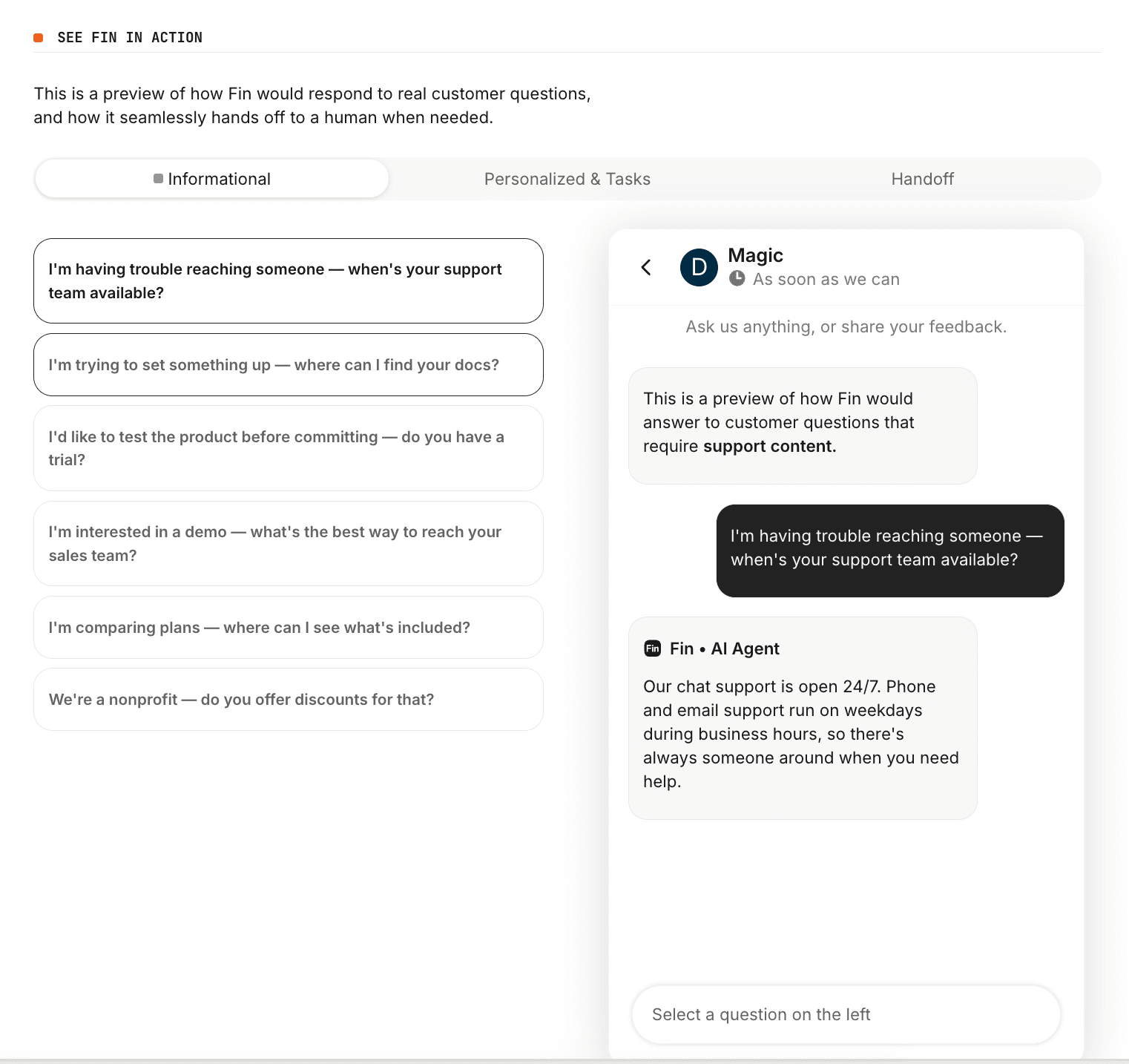 Intercom Fin AI Agent handling a live customer conversation with citation footnotes