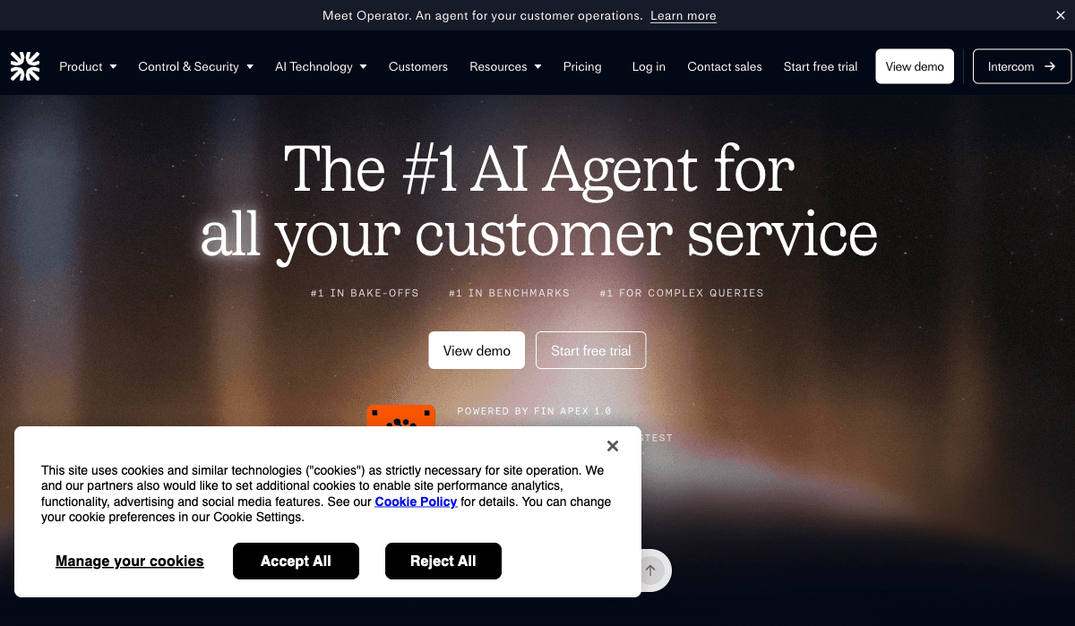 Fin AI Agent homepage at fin.ai — The #1 AI Agent for customer service positioning, Fin Apex 1.0 proprietary model