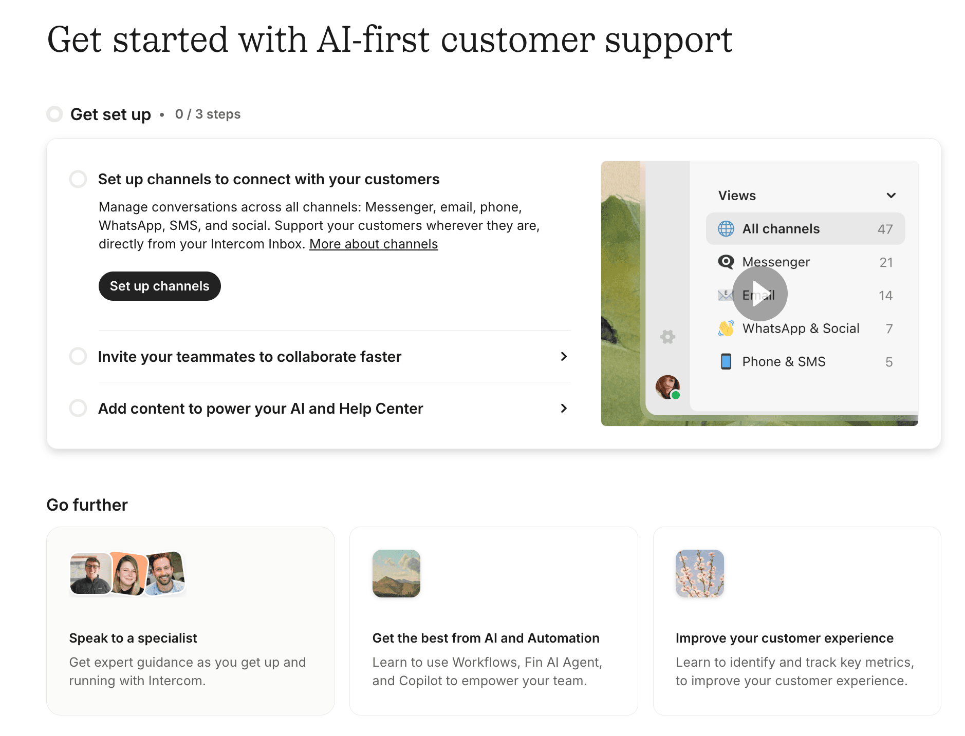 Intercom getting started page inside the trial workspace showing setup checklist
