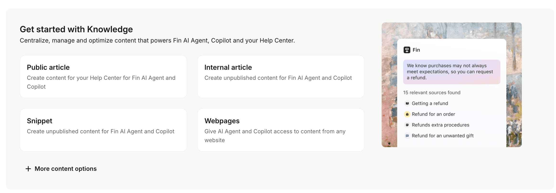 Intercom Knowledge Base management showing article hierarchy and per-article metrics