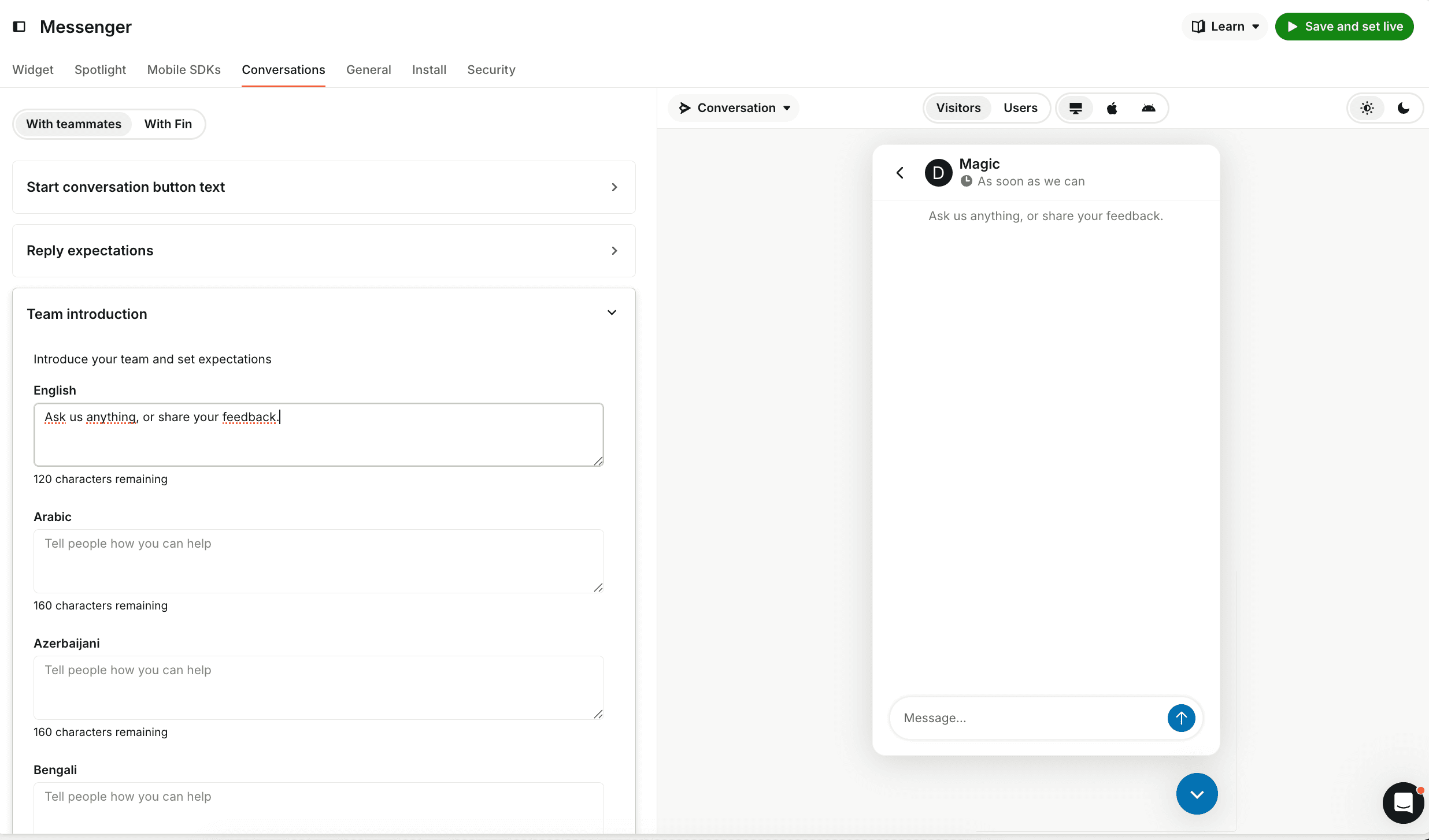Intercom Messenger widget preview showing branded customer-facing chat surface