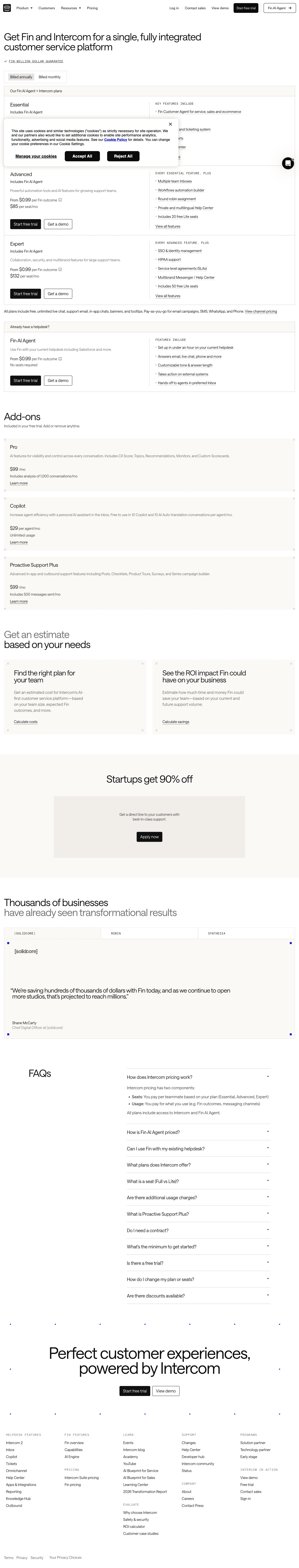 Intercom pricing page — Essential $29/seat, Advanced $85/seat, Expert $132/seat plus Fin AI Agent $0.99 per outcome