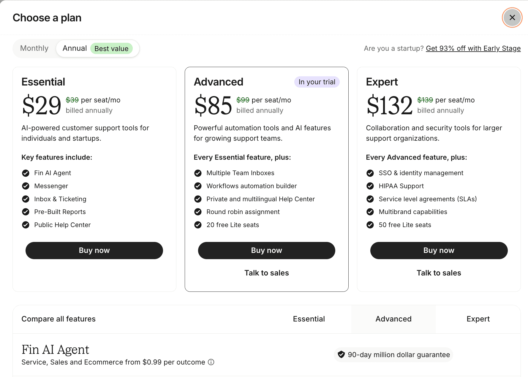 Intercom alternate pricing surface showing Essential, Advanced, Expert tiers with feature matrix