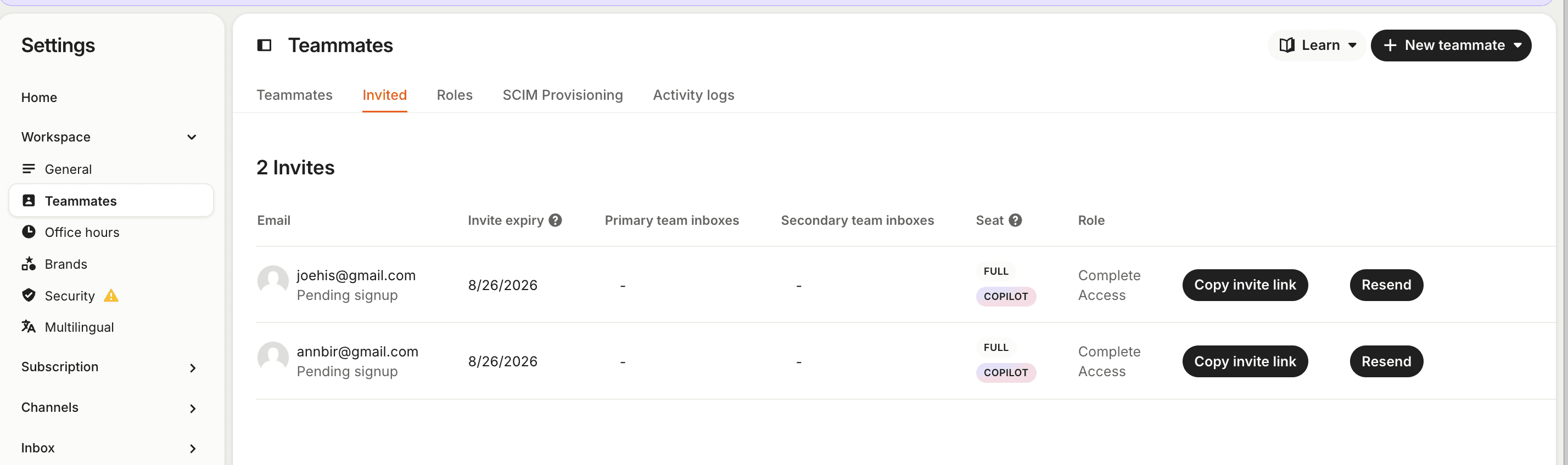 Intercom Teammate invitations panel showing pending invite flow and seat allocation