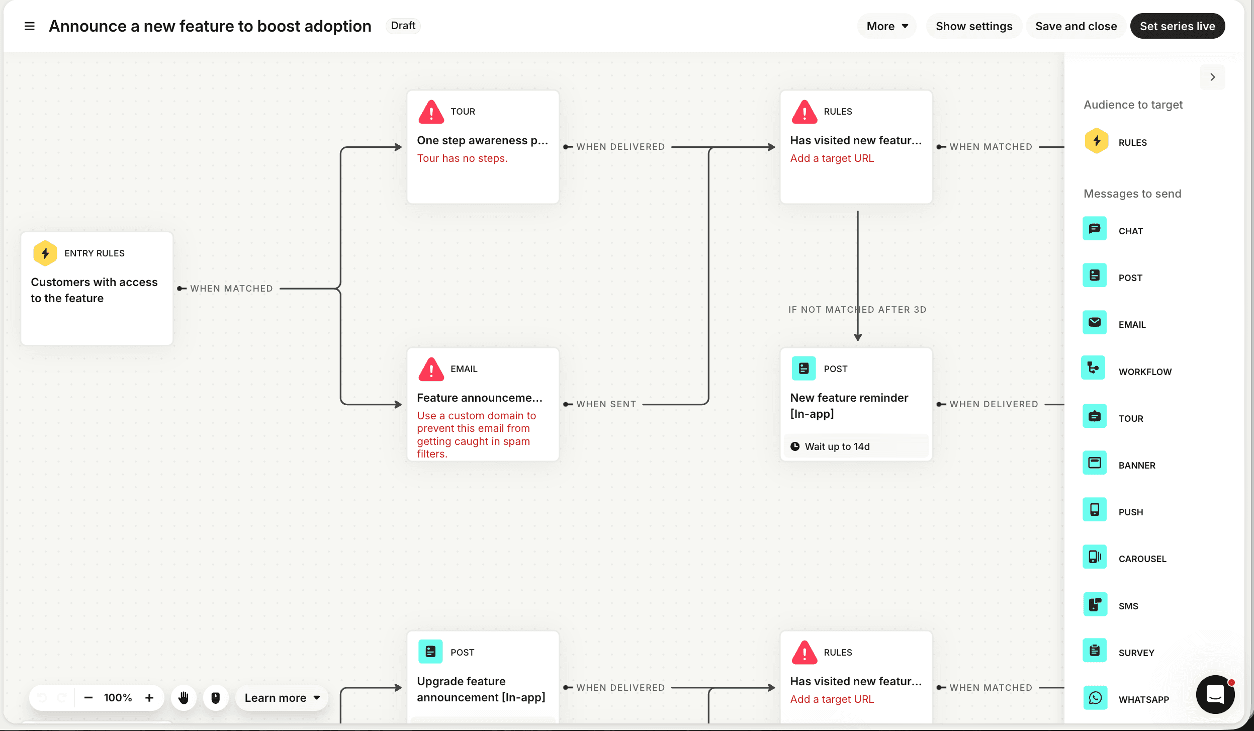Intercom Series campaign editor showing multi-step automation flow with branching