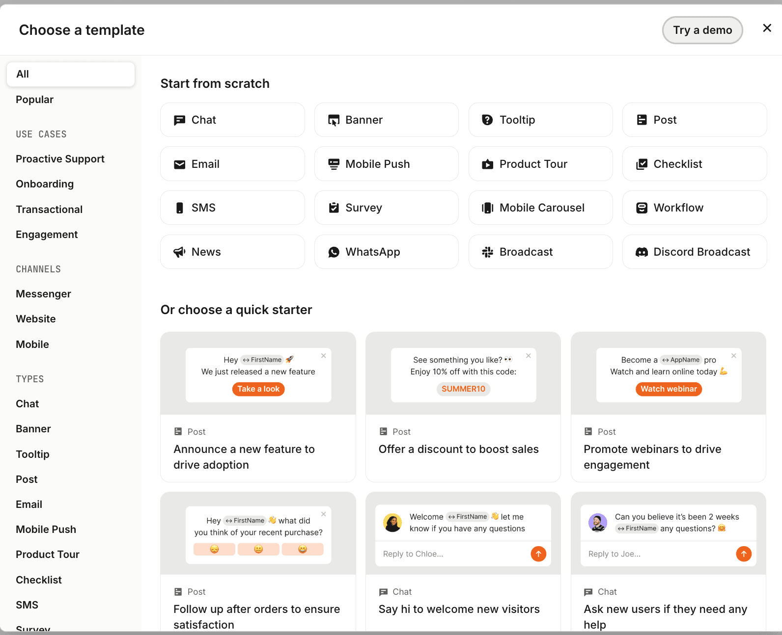Intercom Templates library showing message templates with category filters