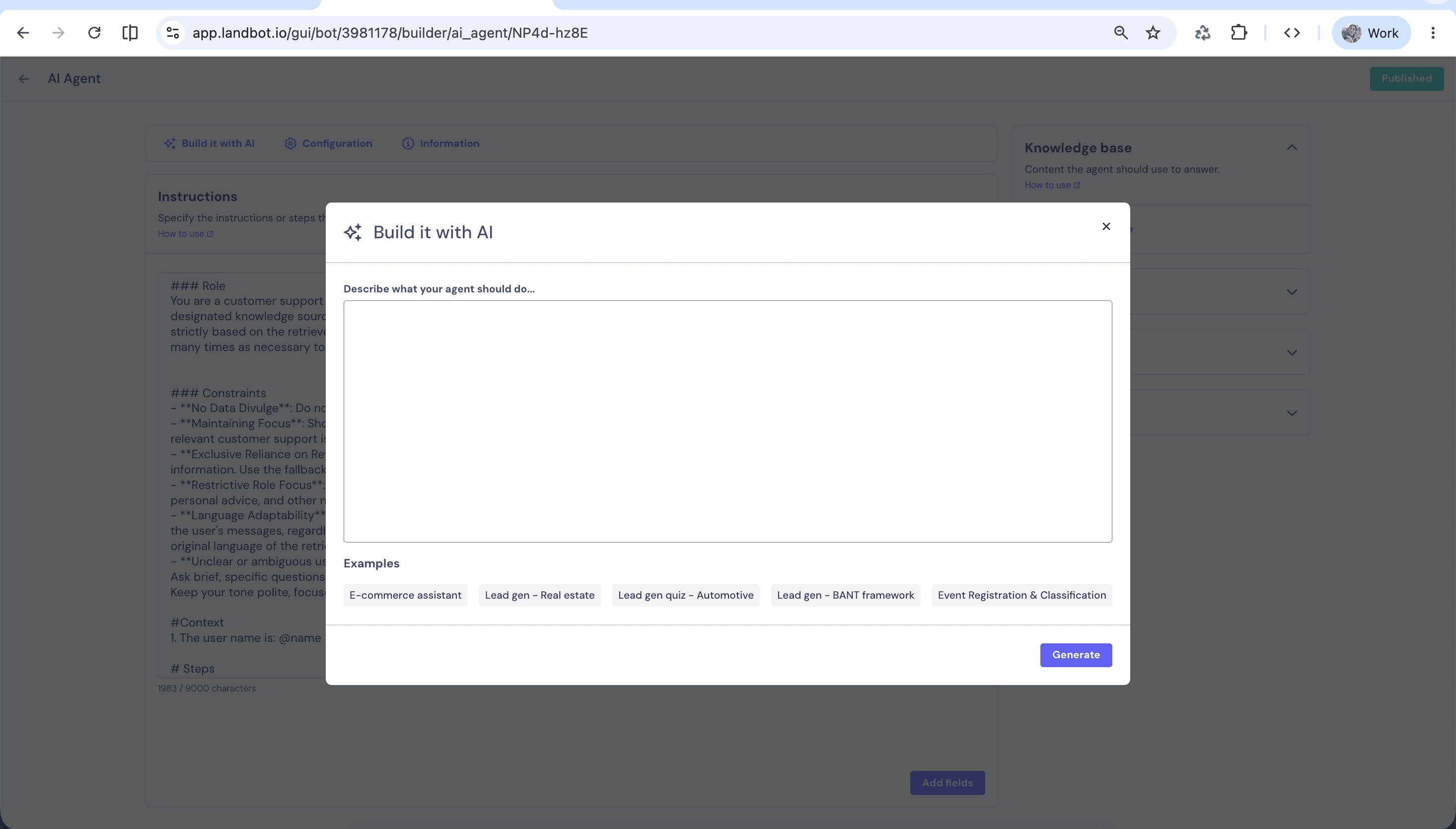 Landbot AI Agent showing Build it with AI assisted-generation modal overlaid on the configuration surface — Describe what your agent should do text area with Examples chips (E-commerce assistant, Lead gen — Real estate, Lead gen quiz — Automotive, Lead gen — BANT framework, Event Registration & Classification), and Generate CTA button at bottom right