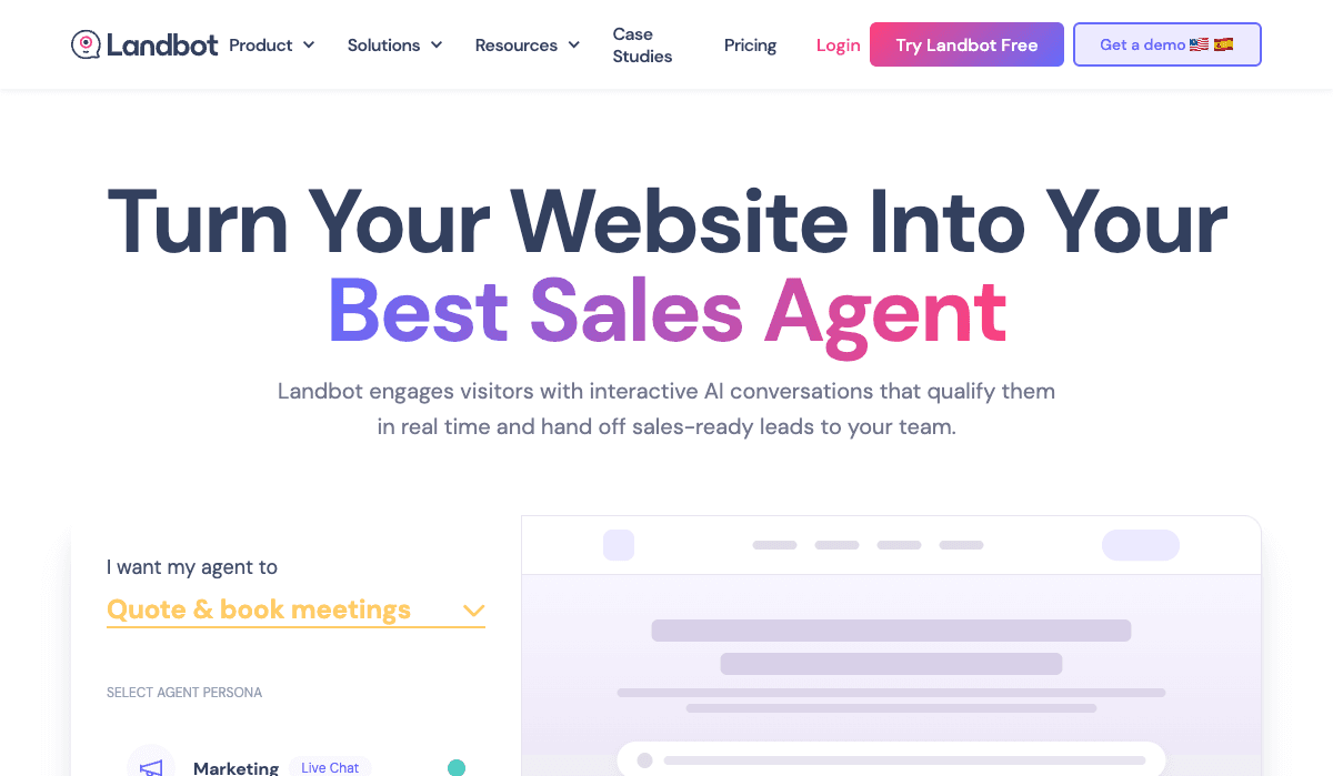 Landbot homepage hero — Build AI Agents that convert. Conversational AI for website, WhatsApp, Facebook Messenger