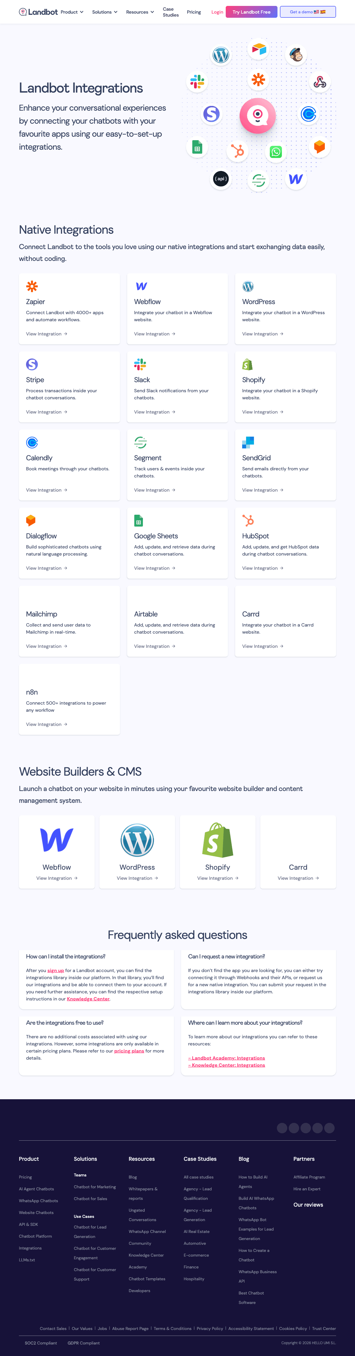 Landbot integrations marketplace — HubSpot, Shopify, Stripe, Mailchimp, Zapier, n8n native connectors visible