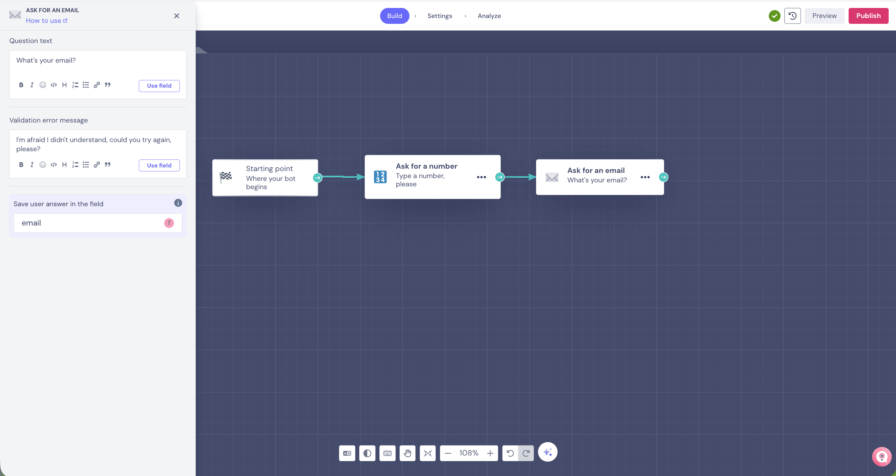 Landbot Ask for an email block configuration panel showing Question text input (Whats your email?), Validation error message text area (I'm afraid I didn't understand, could you try again, please?), and Save user answer in the field input mapped to email variable; canvas behind shows the connected flow with Starting point, Ask for a number, and Ask for an email blocks