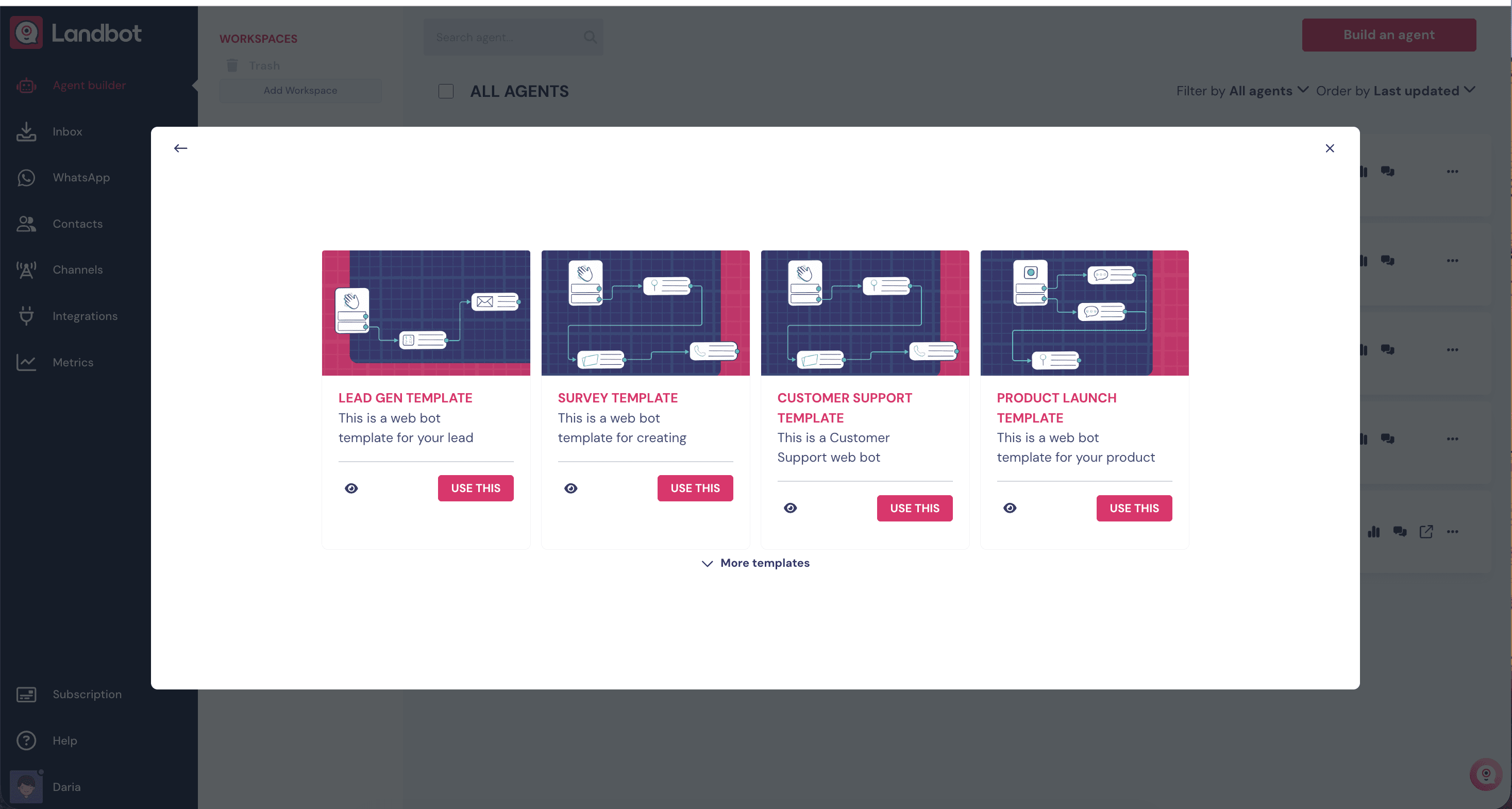 Landbot templates picker modal overlaid on the dashboard showing four template tiles — Lead Gen Template, Survey Template, Customer Support Template, Product Launch Template — each with preview thumbnail, description, USE THIS CTA, and More templates expand link