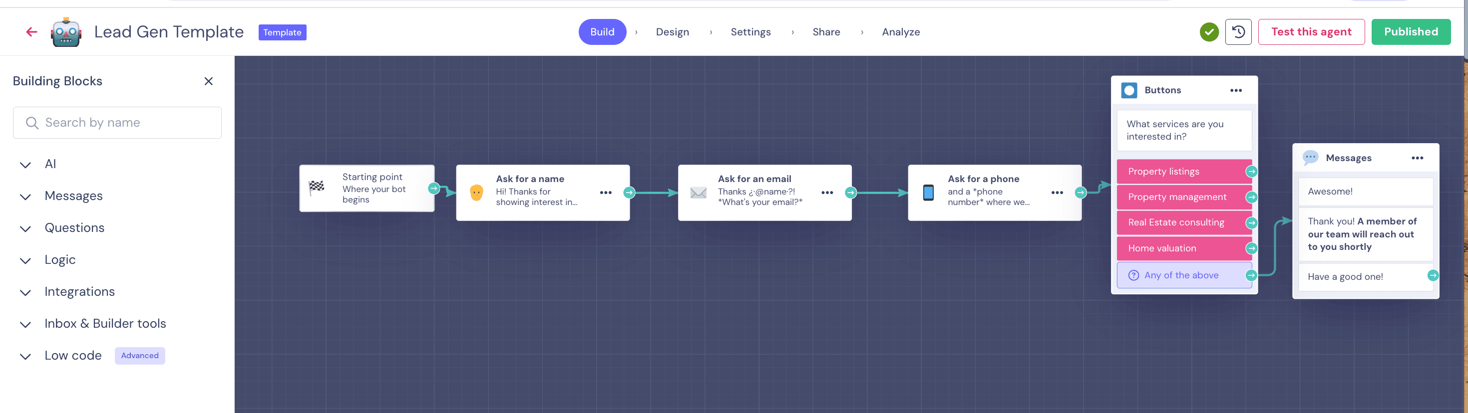 Landbot Lead Gen Template loaded on the visual flow builder canvas showing a connected flow with Starting point, Ask for a name, Ask for an email, Ask for a phone, Buttons block (Property listings / Property management / Real Estate consulting / Home valuation), and confirmation Messages block — Build / Design / Settings / Share / Analyze tabs visible at top