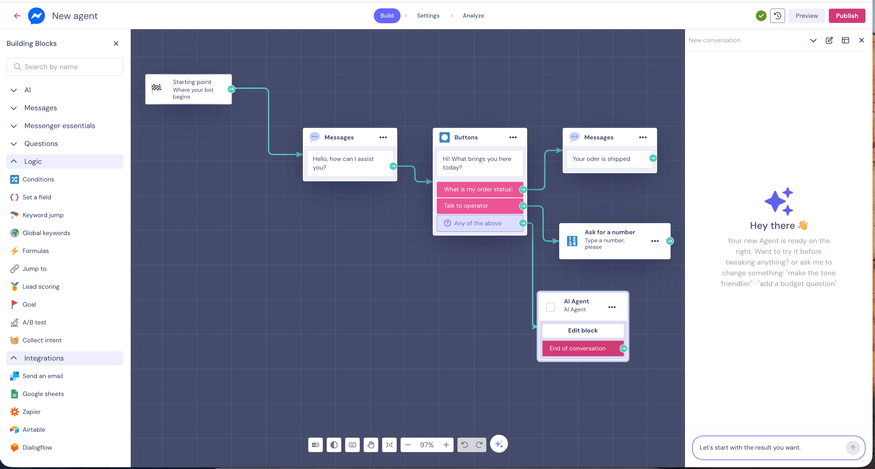 Landbot visual flow builder showing a multi-block conditional flow — Starting point connects to Messages (Hello! How can I help you today?), then Buttons block with three intent paths (What is my order status / Talk to operator / Buy at this device), branching to a Messages reshipped node, an Ask for a number block, an AI Agent integration block, an Edit block, and an End of conversation node; left sidebar shows Building Blocks expanded with Logic category (Conditions, Set a Field, Keyword jump, Global keywords, Formulas, Jump to, Lead scoring, Goal, A/B test, Collect leads) and Integrations expanded (Send an email, Zapier, Airtable, Google Sheets)