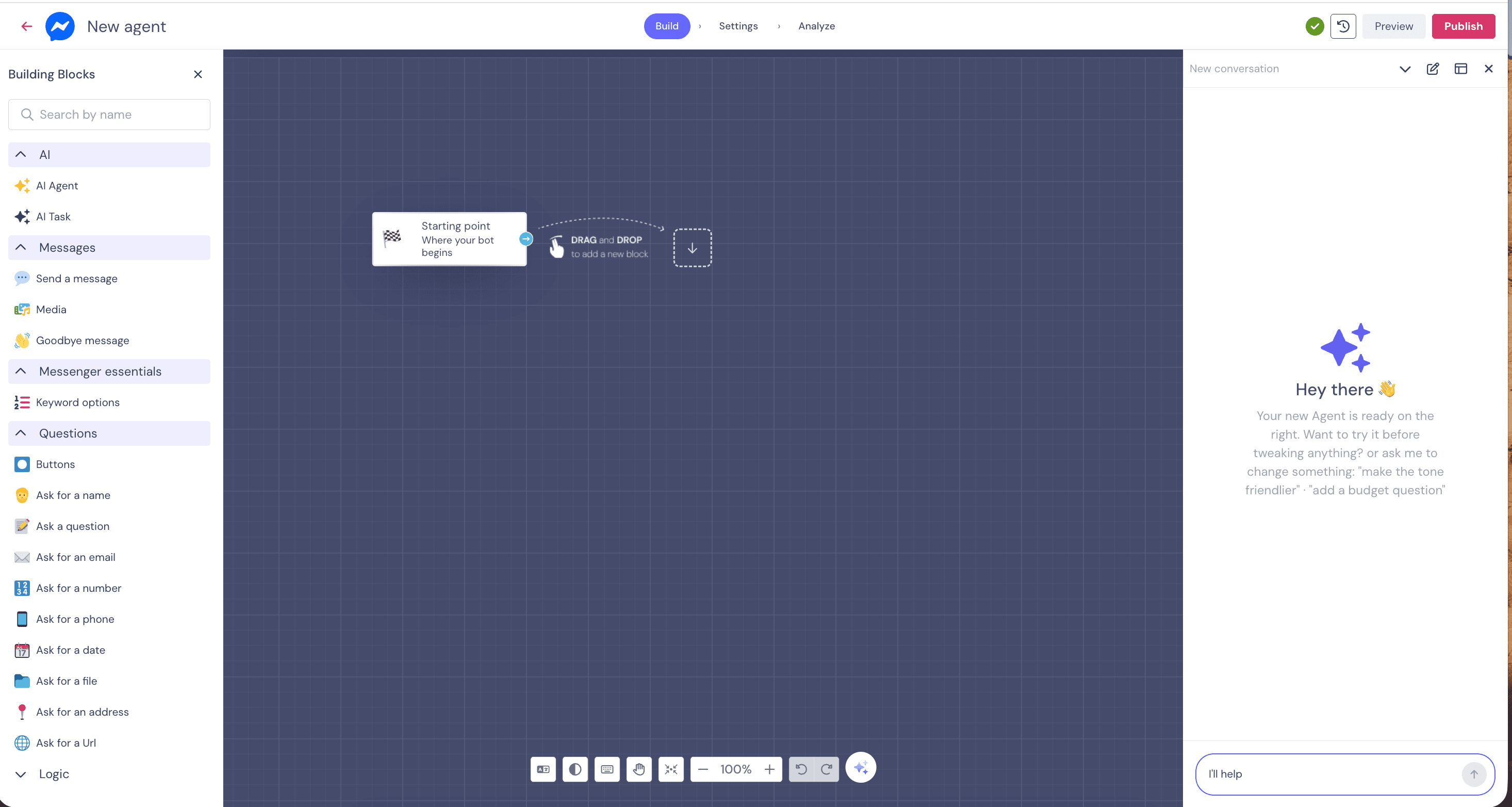 Landbot visual flow builder empty canvas with left sidebar Building Blocks panel showing AI category (AI Agent / AI Task), Messages category (Send a message, Media, Goodbye message), Messenger essentials (Keyword options), and Questions category (Buttons, Ask for a name, Ask a question, Ask for an email, Ask for a number, Ask for a phone, Ask for a date, Ask for a file, Ask for an address, Ask for a URL); right sidebar shows preview chat panel with Hey there welcome state; New agent header at top with Build / Settings / Analyze tabs and Preview / Publish CTAs