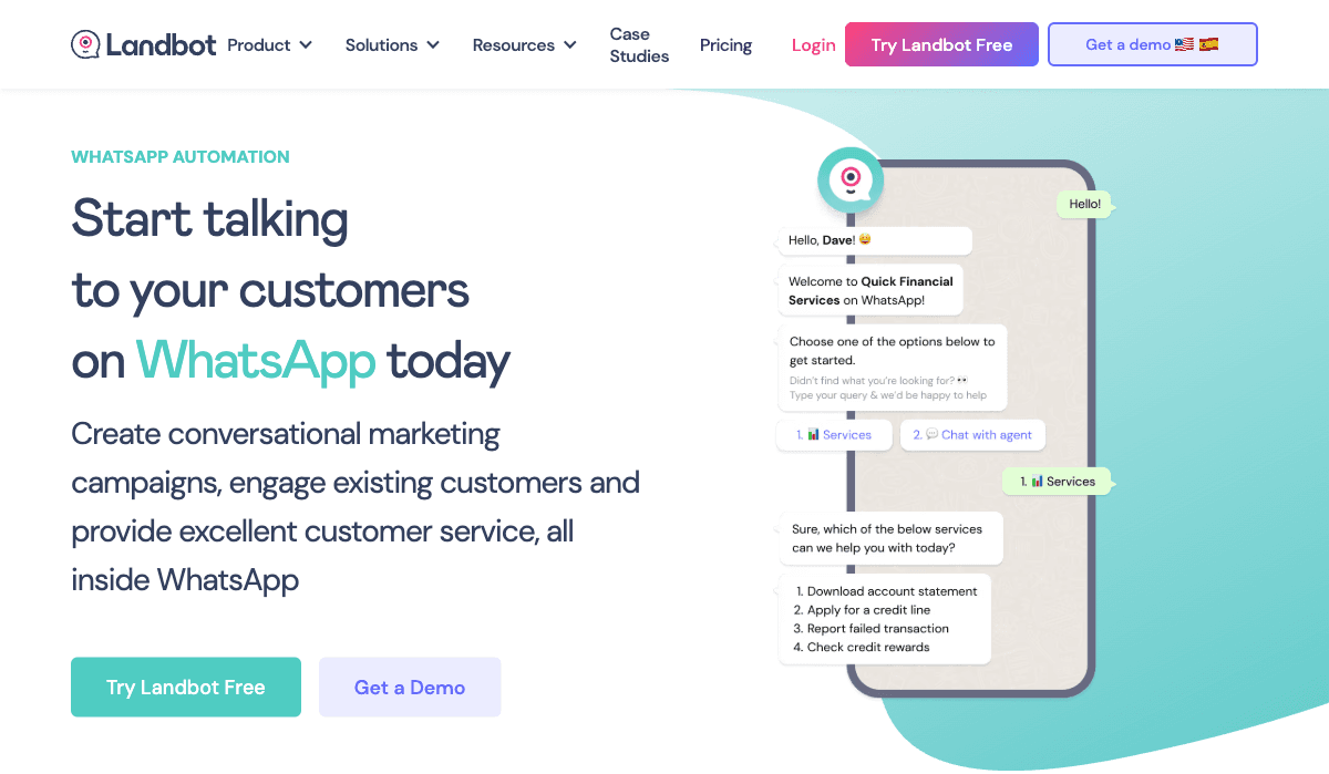 Landbot WhatsApp Business API page — official Meta API, opt-in widget tools, multi-agent live chat