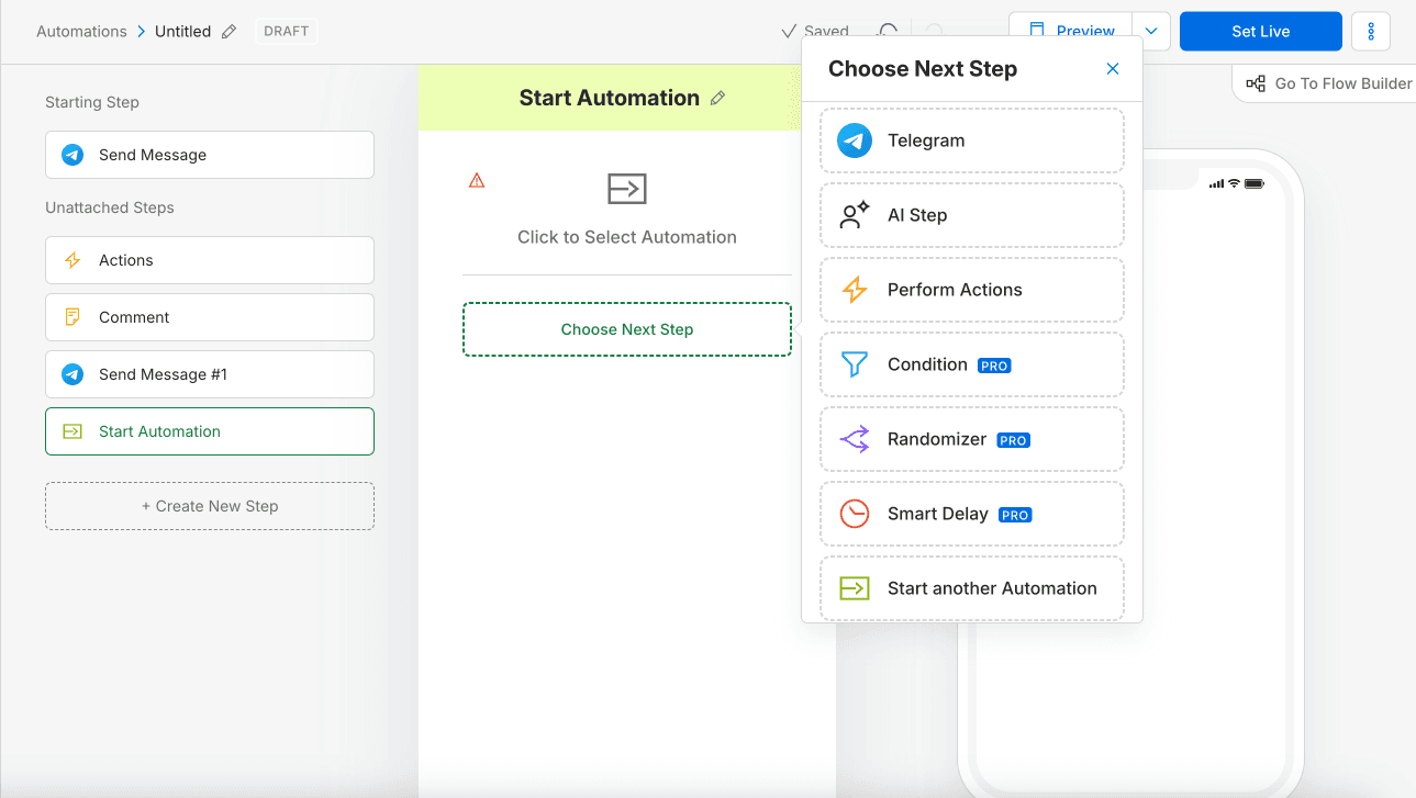Manychat Basic Builder view — step taxonomy in left column with Choose Next Step modal open