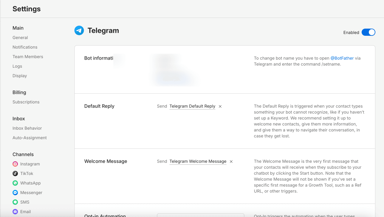 Manychat Telegram channel — connected state showing Bot information, Default Reply, Welcome Message, and Get-in Automation hooks