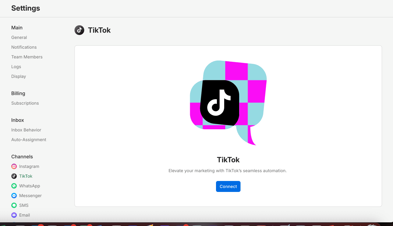 Manychat TikTok channel — unconnected state with branded splash + Connect button